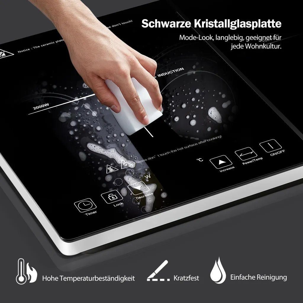 Ulife Doppel-Induktionskochplatte AMZCHEF 1500W+2000W, 10 Temperaturstufen, 58 x 36 x 6,8 cm