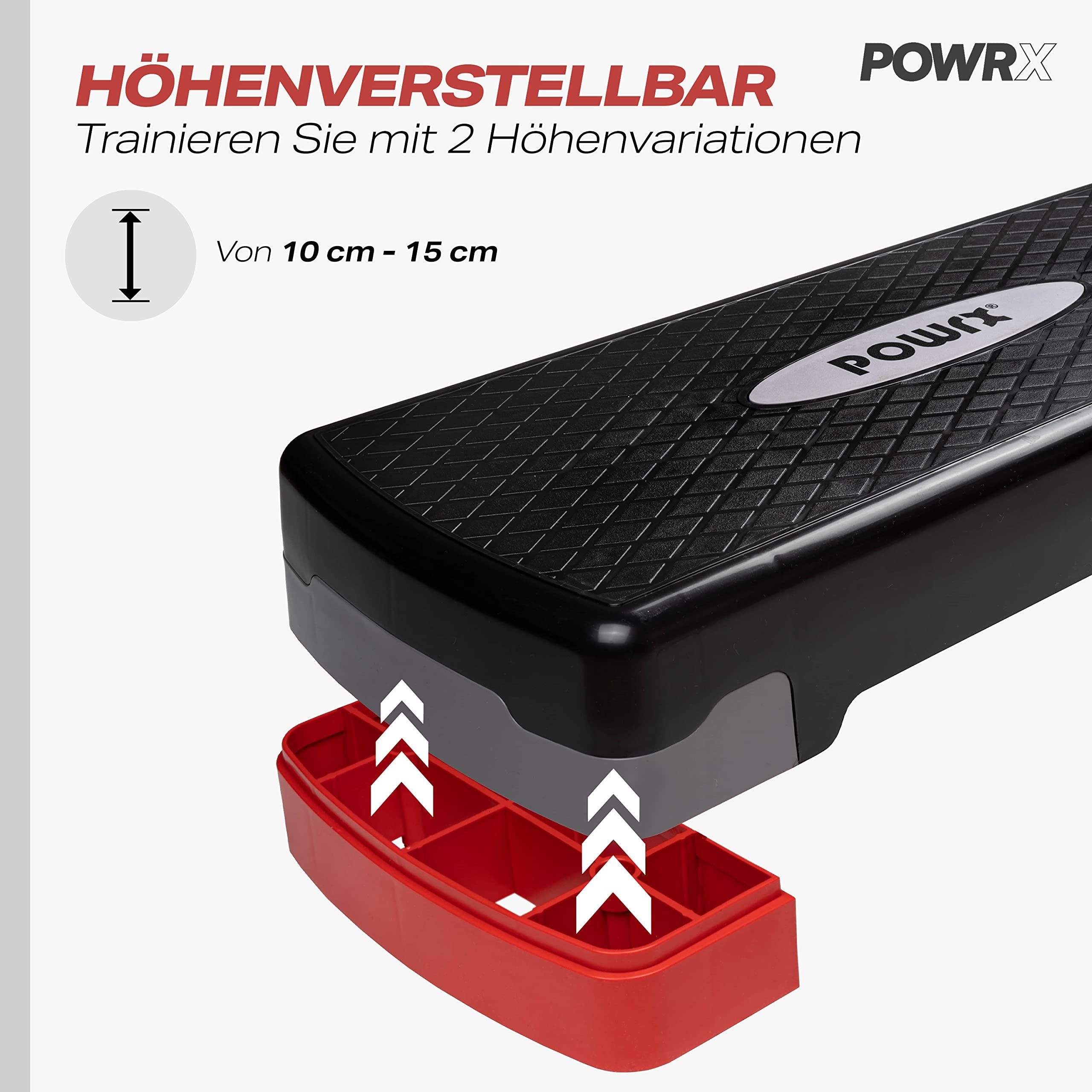 POWRX Stepper Steppbrett für Zuhause inkl. Workout höhenverstellbar & rutschfest., Schwarz-Rot