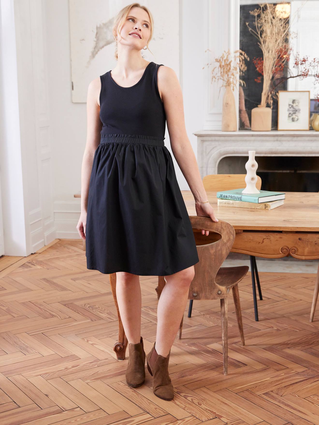 Robe courte sans manches bi-matière de grossesse noir