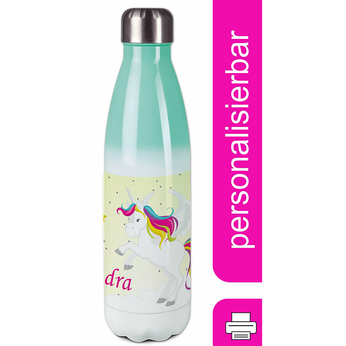 Edelstahl Kinder Thermoflasche / Trinkflasche bunt Pegasus Farbe gelb Spülmaschinenfest, Auslaufsicher, Bruchfest, Doppelwandig, Für Heißgetränke geeignet, Mit Deckel, Isoliert
