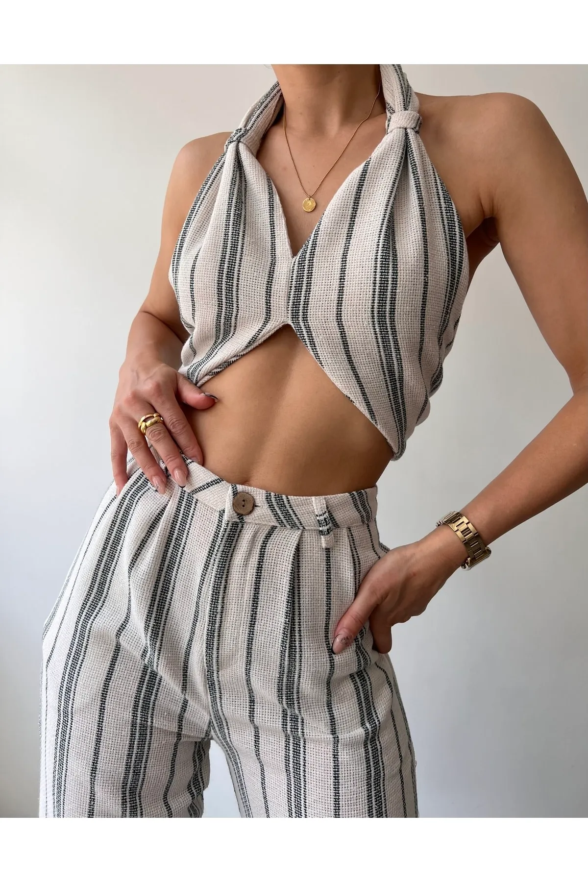 MAİ COLLECTİON  Ramona-Set aus gestricktem Leinen mit Gittermuster