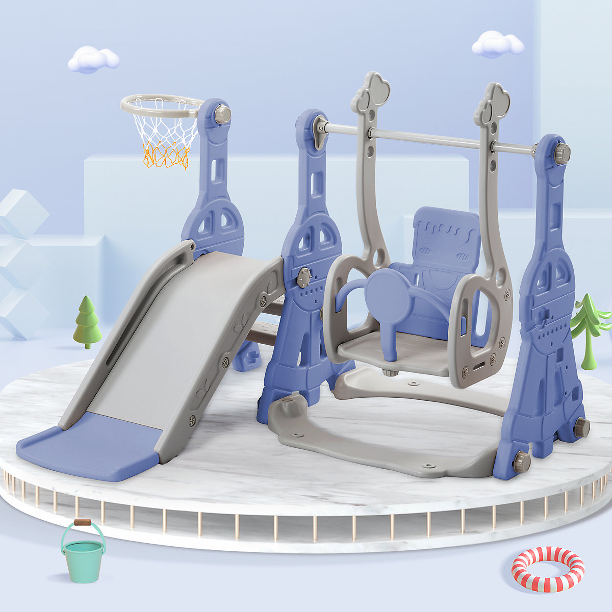Rutsche 3 in 1 Kinderrutsche Spielplatz mit Schaukeln, Basketballkorb