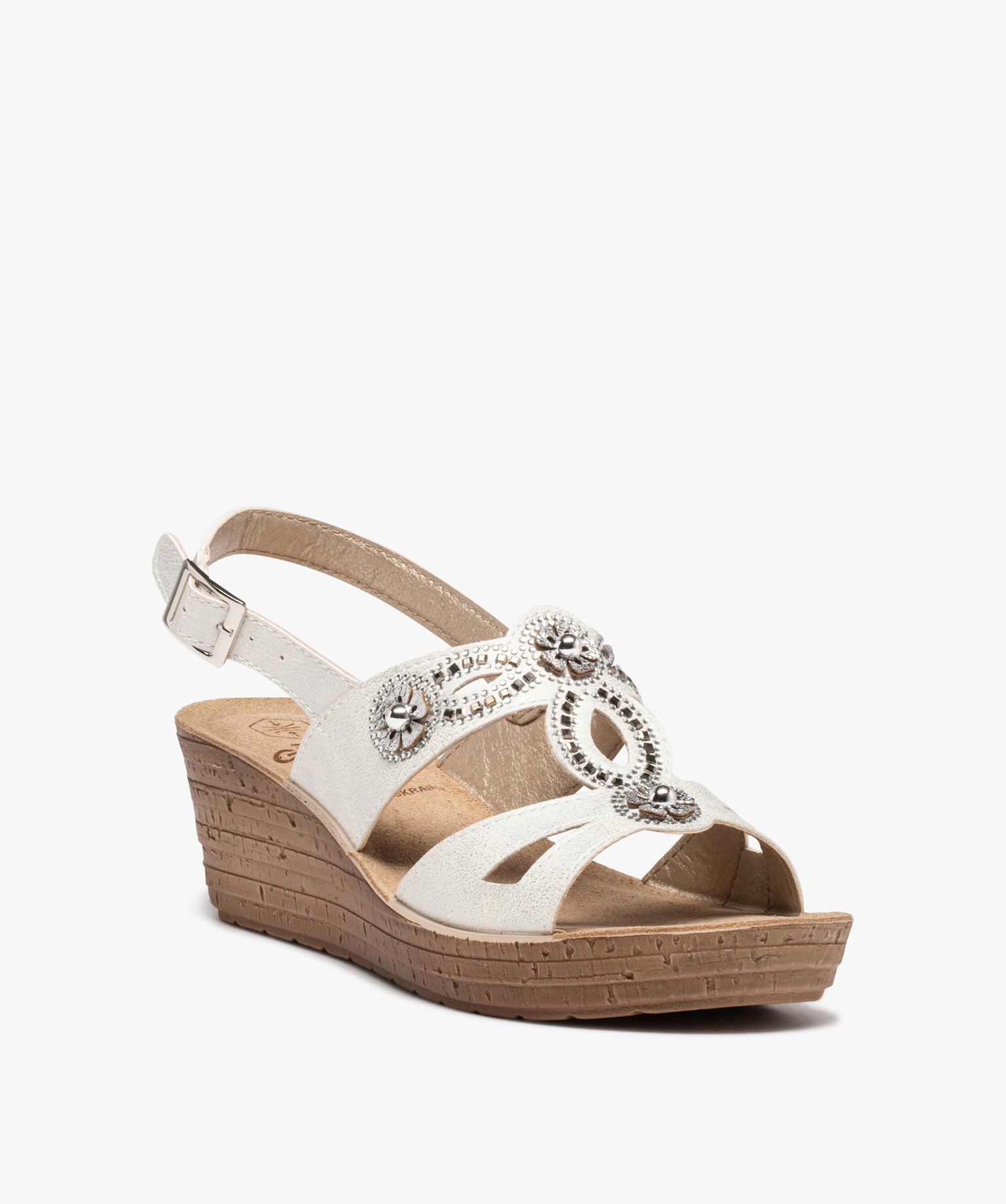 Sandales femme confort à talon compensé et brides strass blanc | GEMO