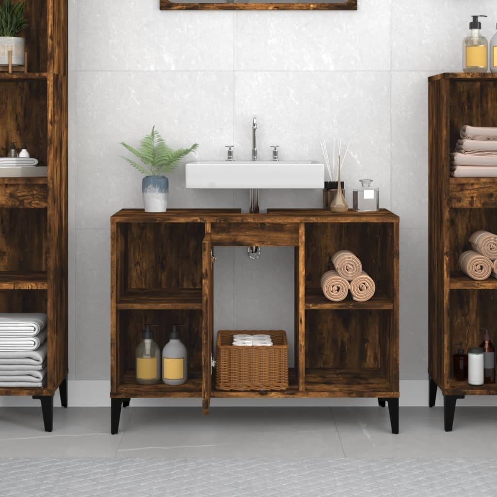 vidaXL Badezimmerspiegelschrank Waschbeckenunterschrank Räuchereiche 80x33x60 cm Holzwerkstoff (1-St)
