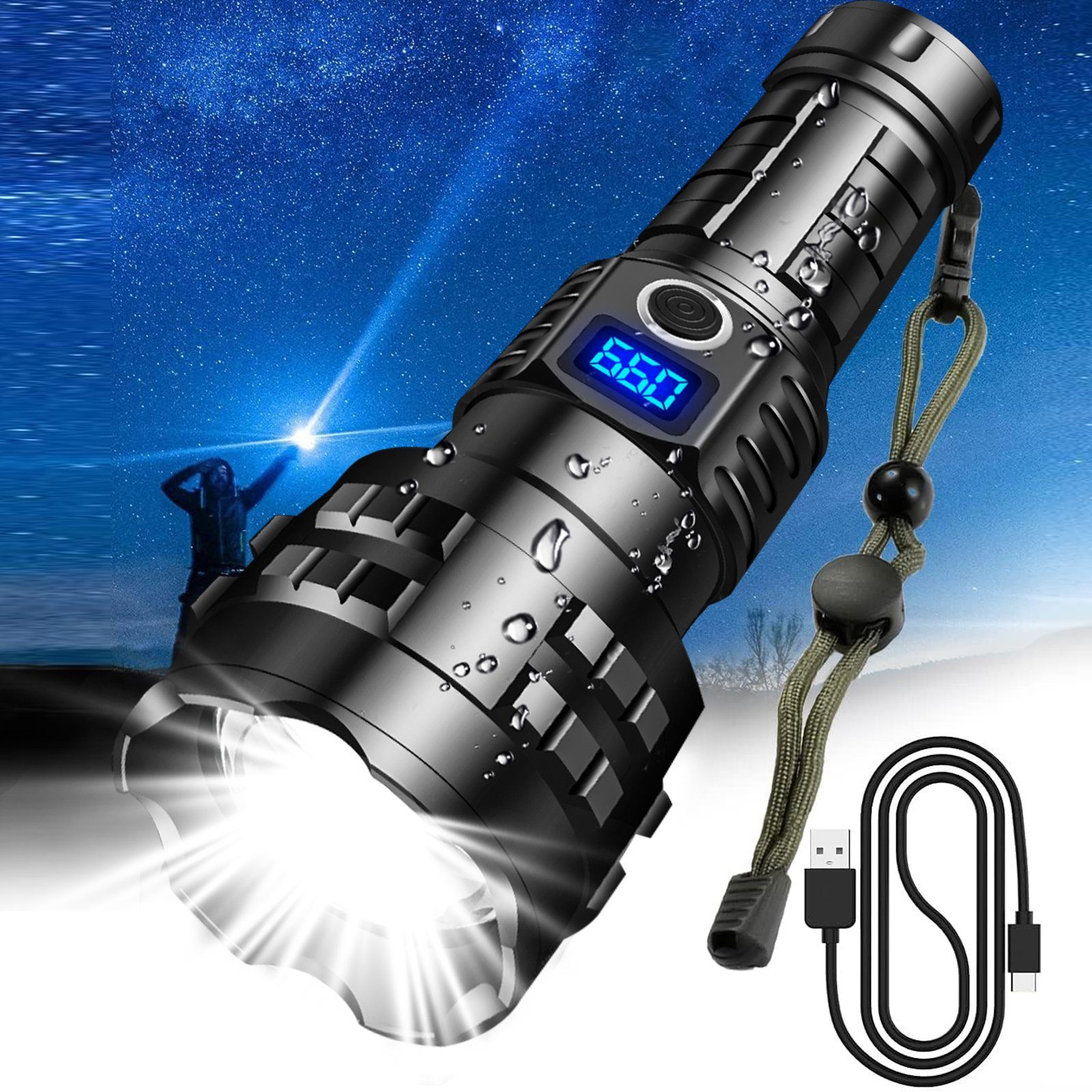 Sintech Taschenlampe Taschenlampe LED, 5 Modi Extrem Hell LED Taschenlampe Aufladbar (Leistungsstarke Handtaschenlampe für Camping), Mit Sicherheitshammer, Zoombar, wasserdicht, 5 Modi