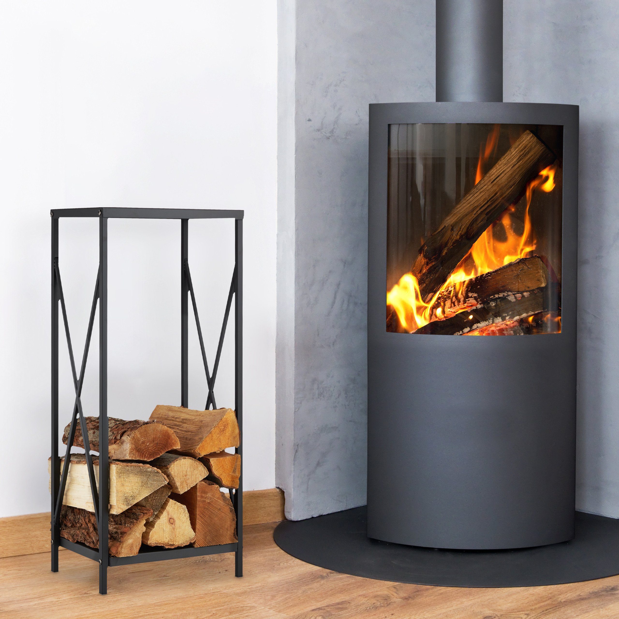 relaxdays Kaminholzregal Schwarzes Kaminholzregal aus Stahl, BxTxH:34x25x80 cm