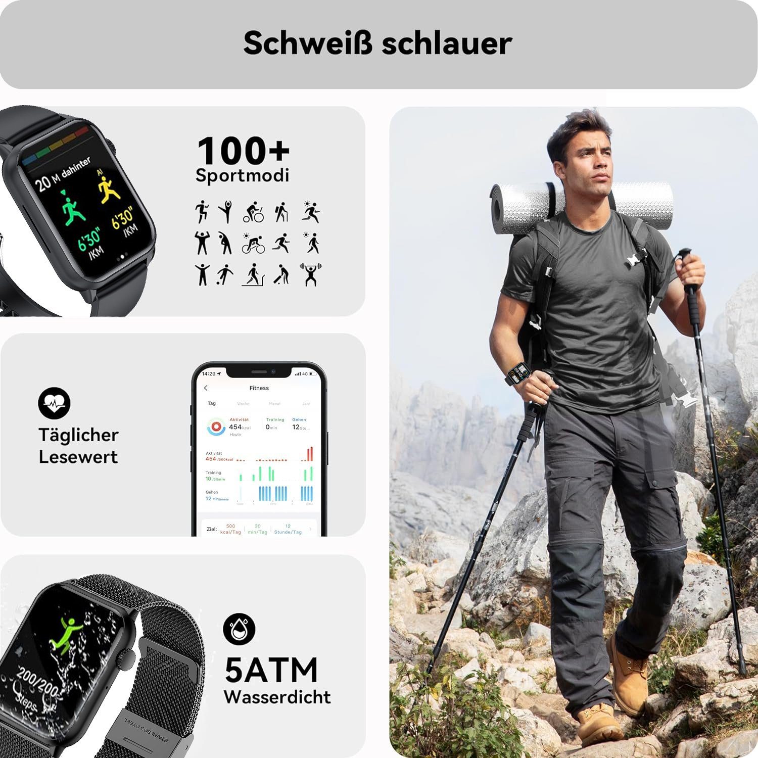 Mutoy Smartwatch,Fitness Tracker Uhr für Damen Herren mit Anruffunktion Smartwatch Gesundheits-Uhren mit Herzfrequenz,Blutsauerstoff, Blutdruckmessung, Schlafüberwachung, Schrittzähler, AI Sprachassistent, Musiksteuerung und SNS-Benachrichtigung, IP6