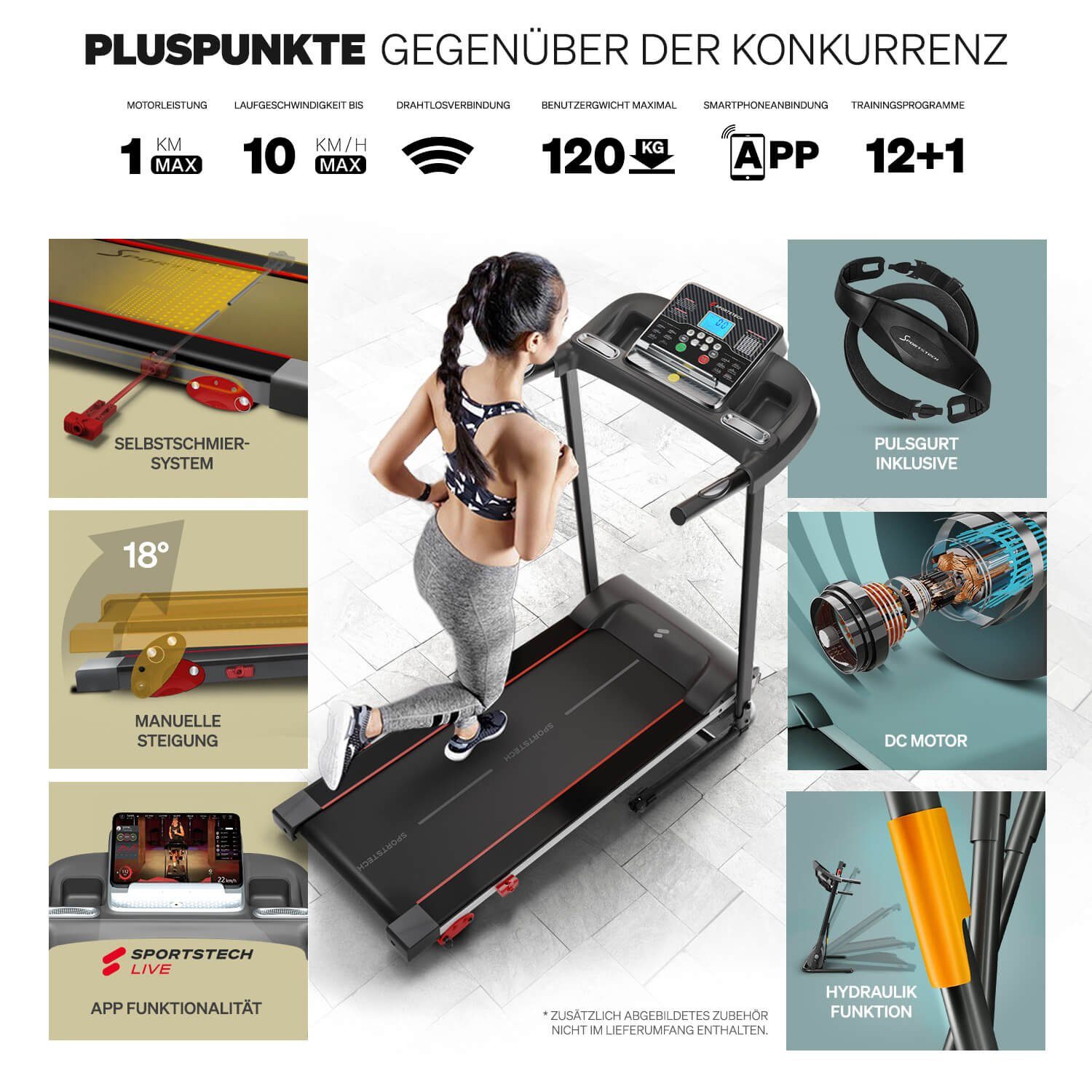Sportstech Laufband F10, App function + lubrication function + heart rate belt + 13 programs
