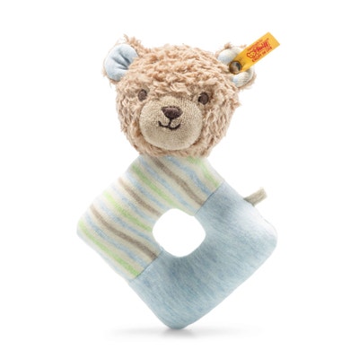 GOTS Rudy Teddybär Greifring mit Rassel, 15 cm, hellblau