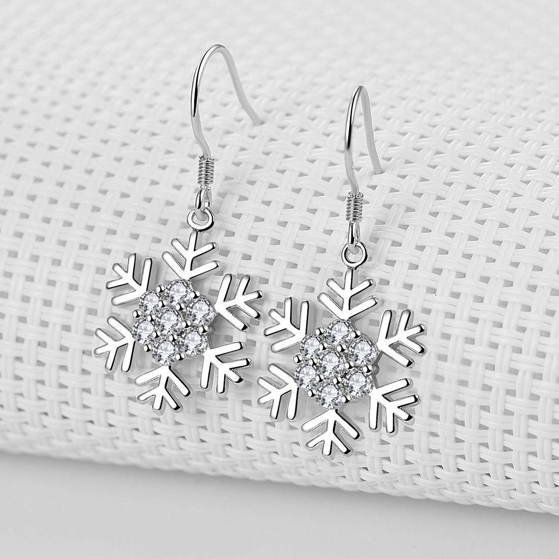 POCHUMIDUU Ohrring und Ketten Set Weihnachtskette Ohrringe-Set (3-tlg., Hakenohrringe mit weißem Zirkonia, Schneeflocken-Anhänger), Geschenk zu Weihnachten