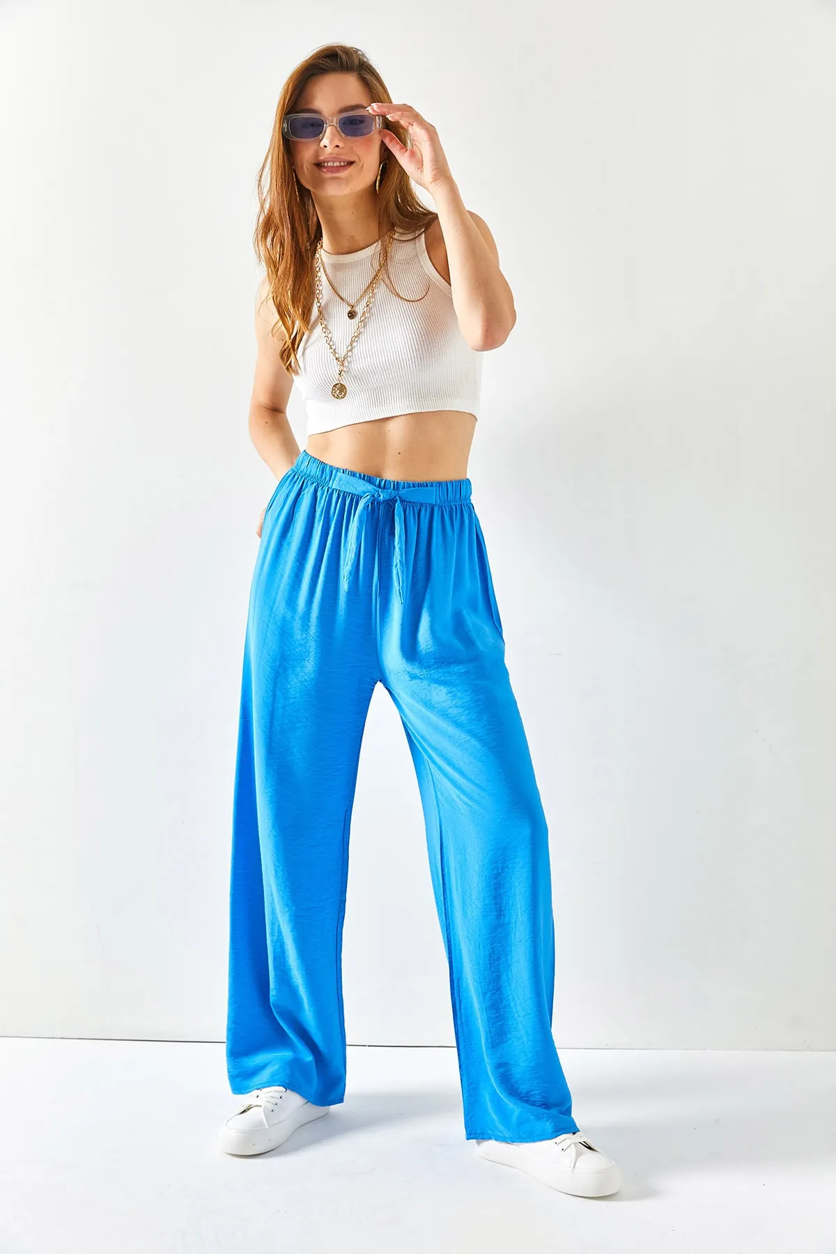 Olalook  Blaue Palazzo-Ayrobin-Hose mit Gürtel und elastischem Bund für Damen PNT-19000200