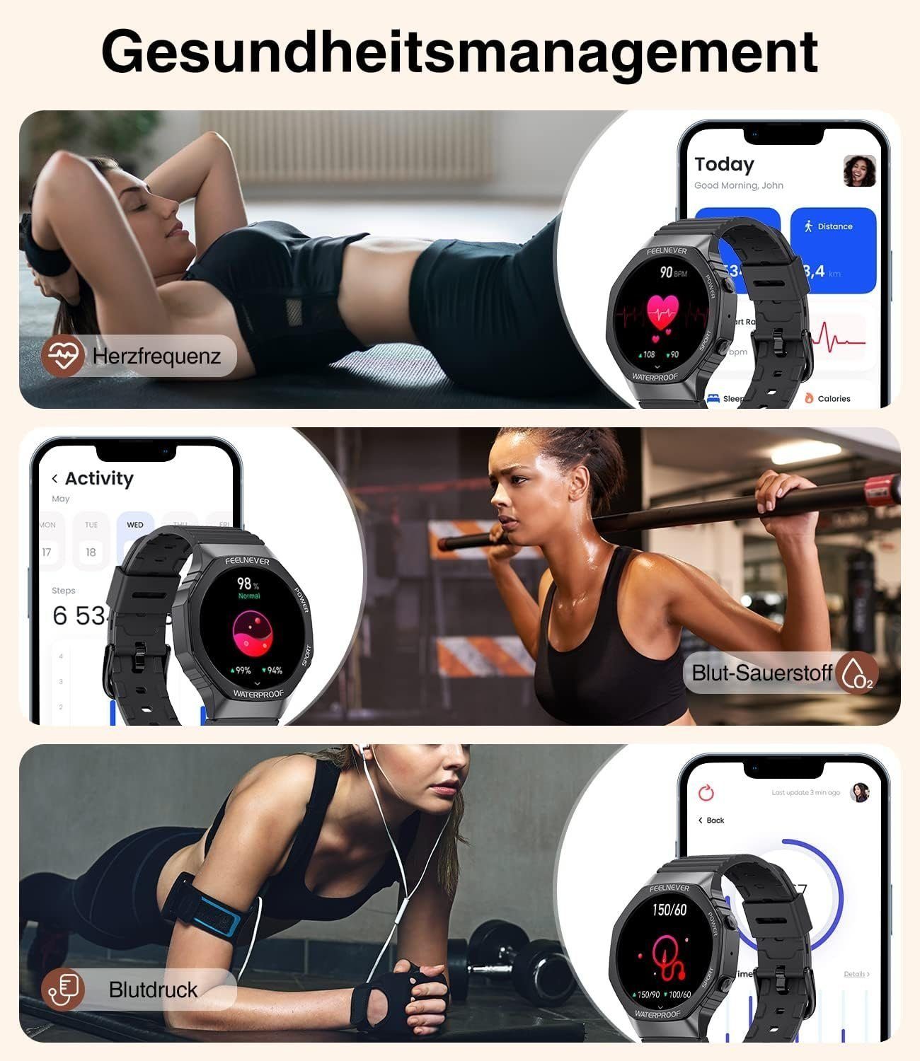 Mutoy Smartwatch Damen Herren Fitnessuhr Fitness Tracker Smartwatch (1,32 Zoll Runde Voll Touchscreen Zoll) Telefon Uhr mit Anruffunktion,IP67 Wasserdicht Fitness Uhr, mit Pulsmesser Schrittzähler Schlafmonitor, Sportuhr, Aktivitätstracker, Uhren Wat
