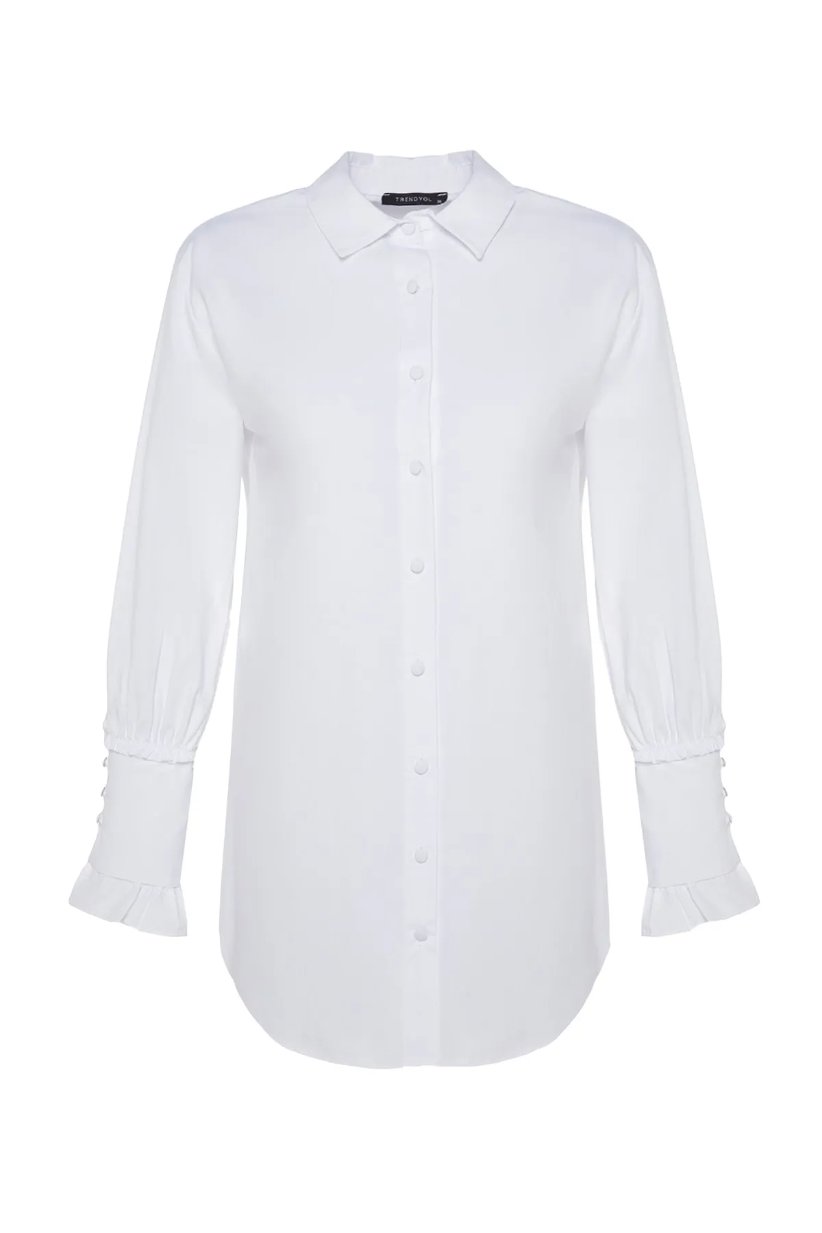Trendyol Modest  Weißes Hemd aus gewebter Baumwolle mit Rüschendetail TCTAW24TG00016