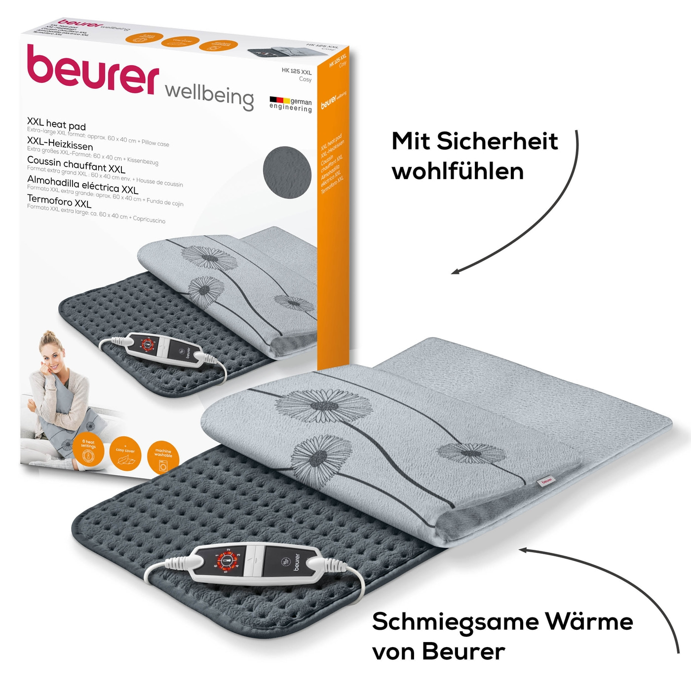 Beurer XXL Heizkissen HK 125 Cosy Grey-Flauschiges XXL Heizkissen mit abnehmbaren Bezug & 6 Wärmestufen