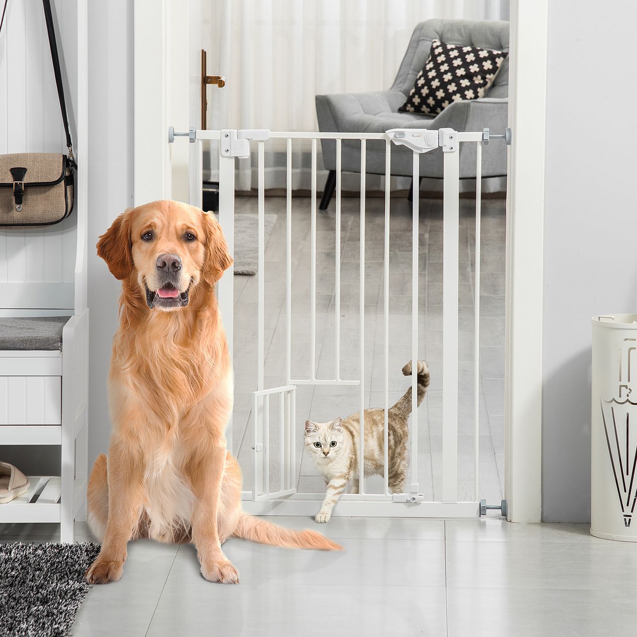 PawHut Hunde Türschutzgitter, 74-80 cm Baby Türgitter ohne Bohren, Stahl, Weiß