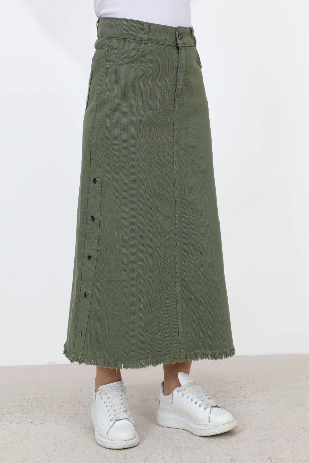Tesettür Dünyası  Jeansrock mit ausgestellten Seiten TSD22019 Khaki