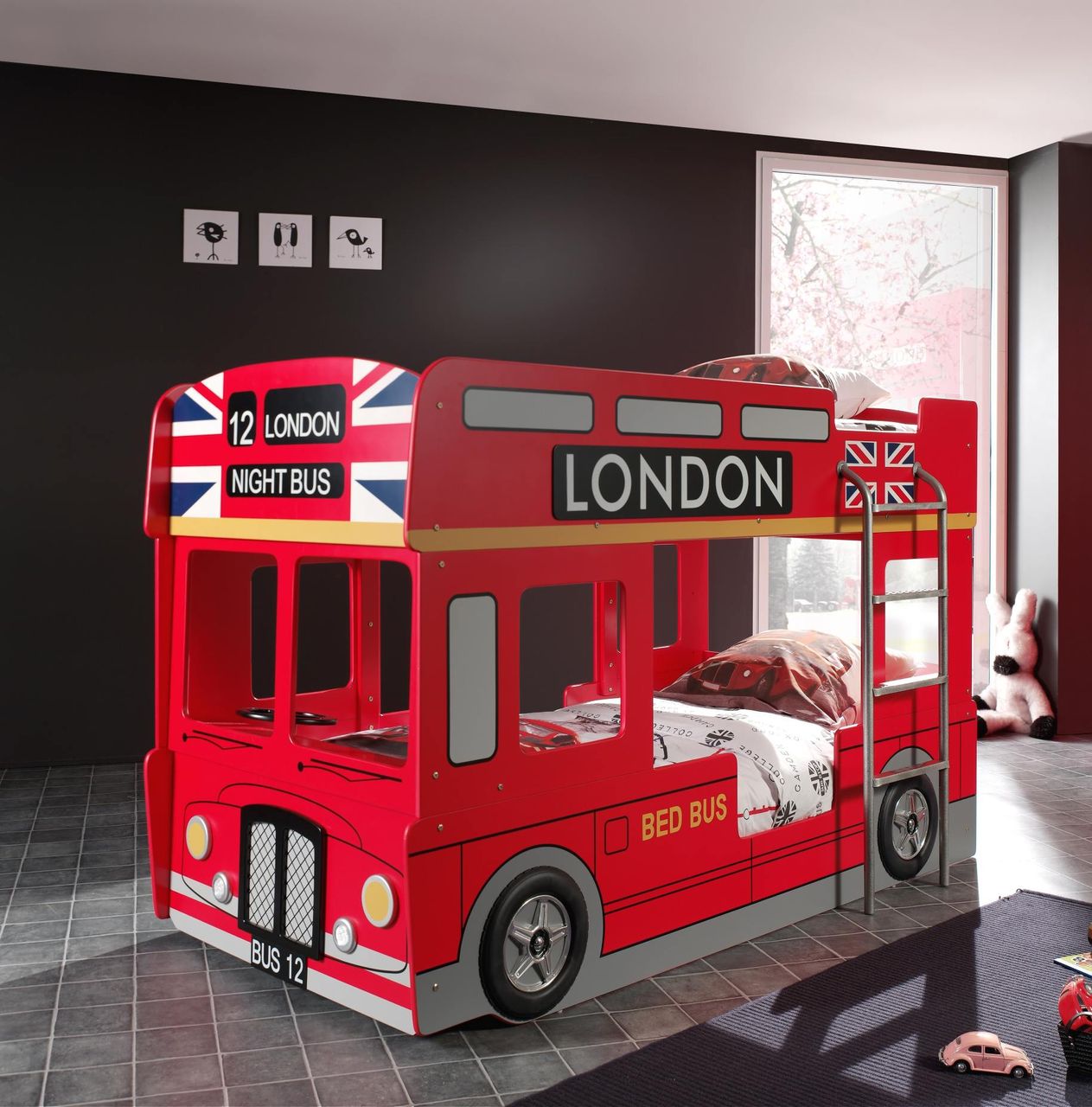 VIPACK Autobett London Bus, Liegefläche 90 x 200 cm, rot lackiert