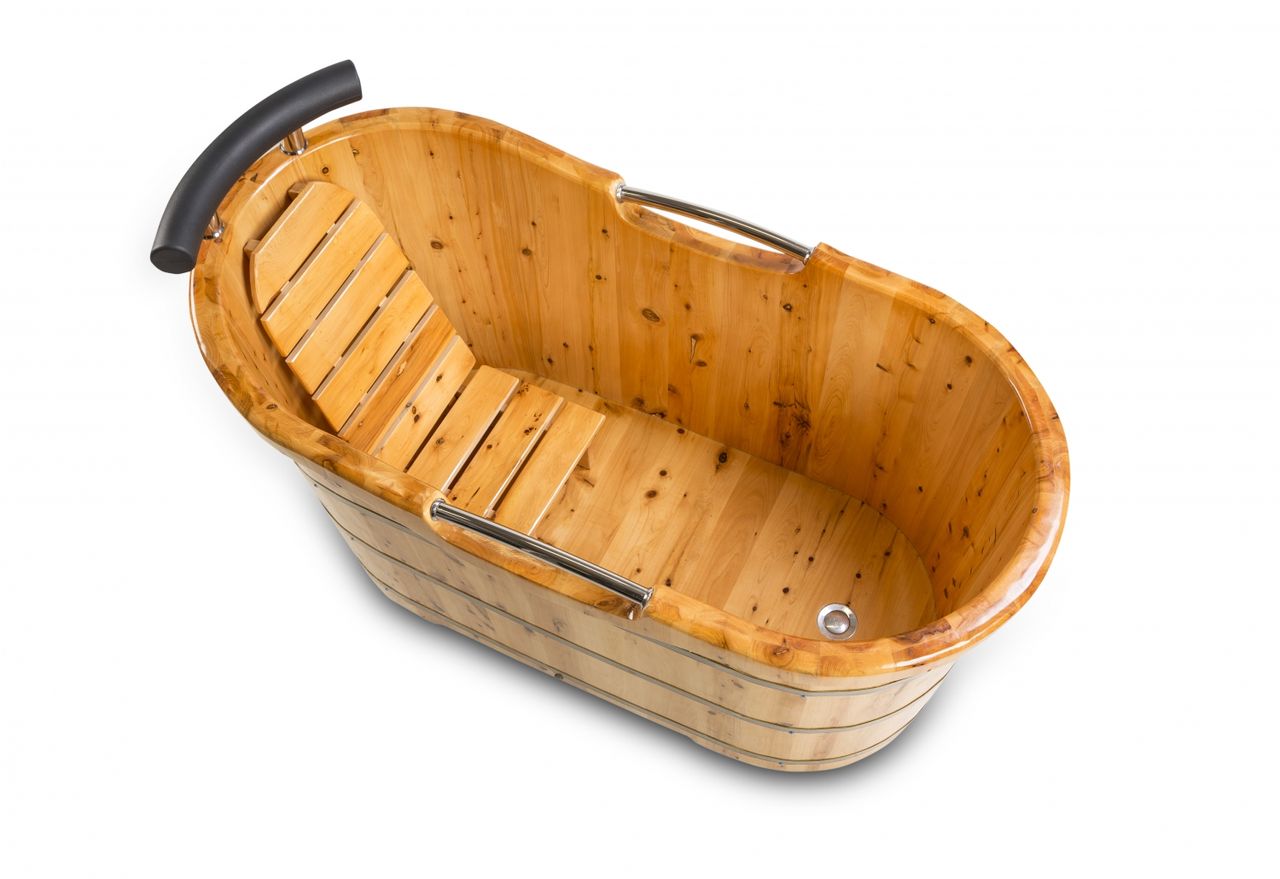 PureHaven freistehende Holzbadewanne 135x67 cm aus Zedernholz 120 L ergonomische Formgebung pflegeleichte Oberfläche verstärkter Rahmen inkl. Ablauf