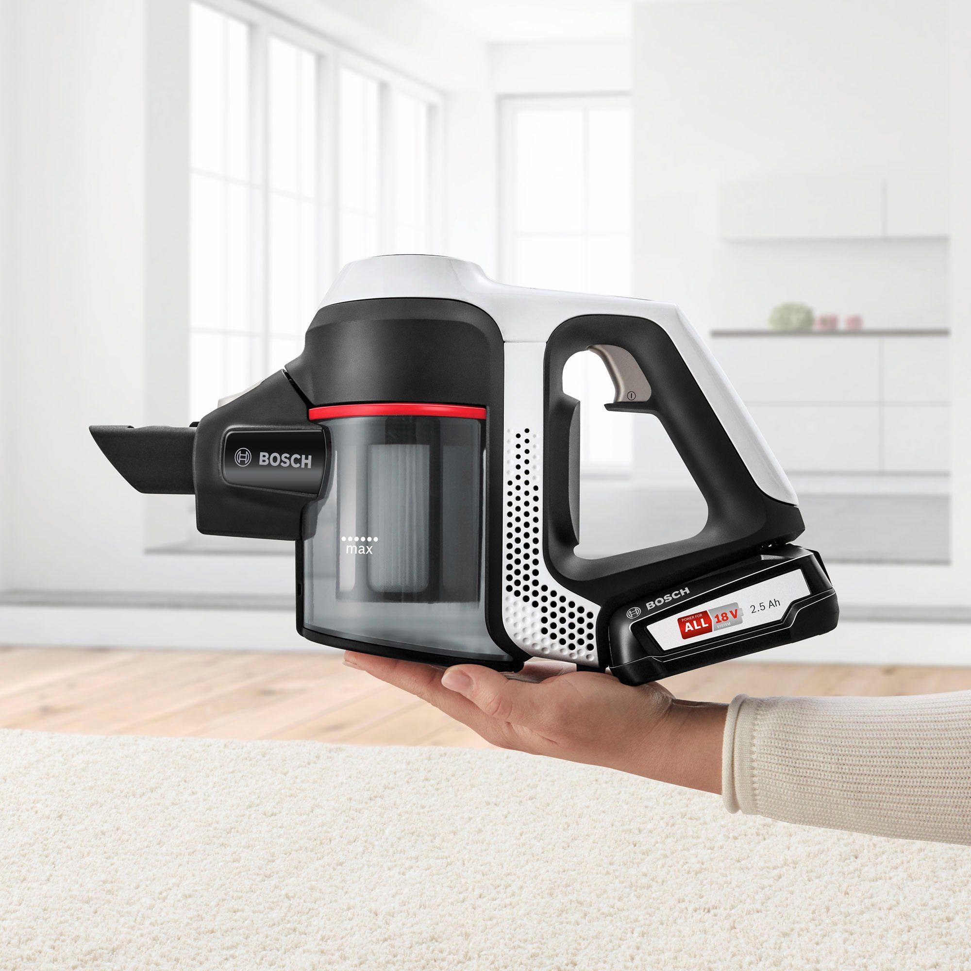 BOSCH Akku-Stielstaubsauger Unlimited Serie 6, weiß, BCS611AM, beutellos, 18V Power for ALL Akku, inkl. Möbelpinsel und Polsterdüse
