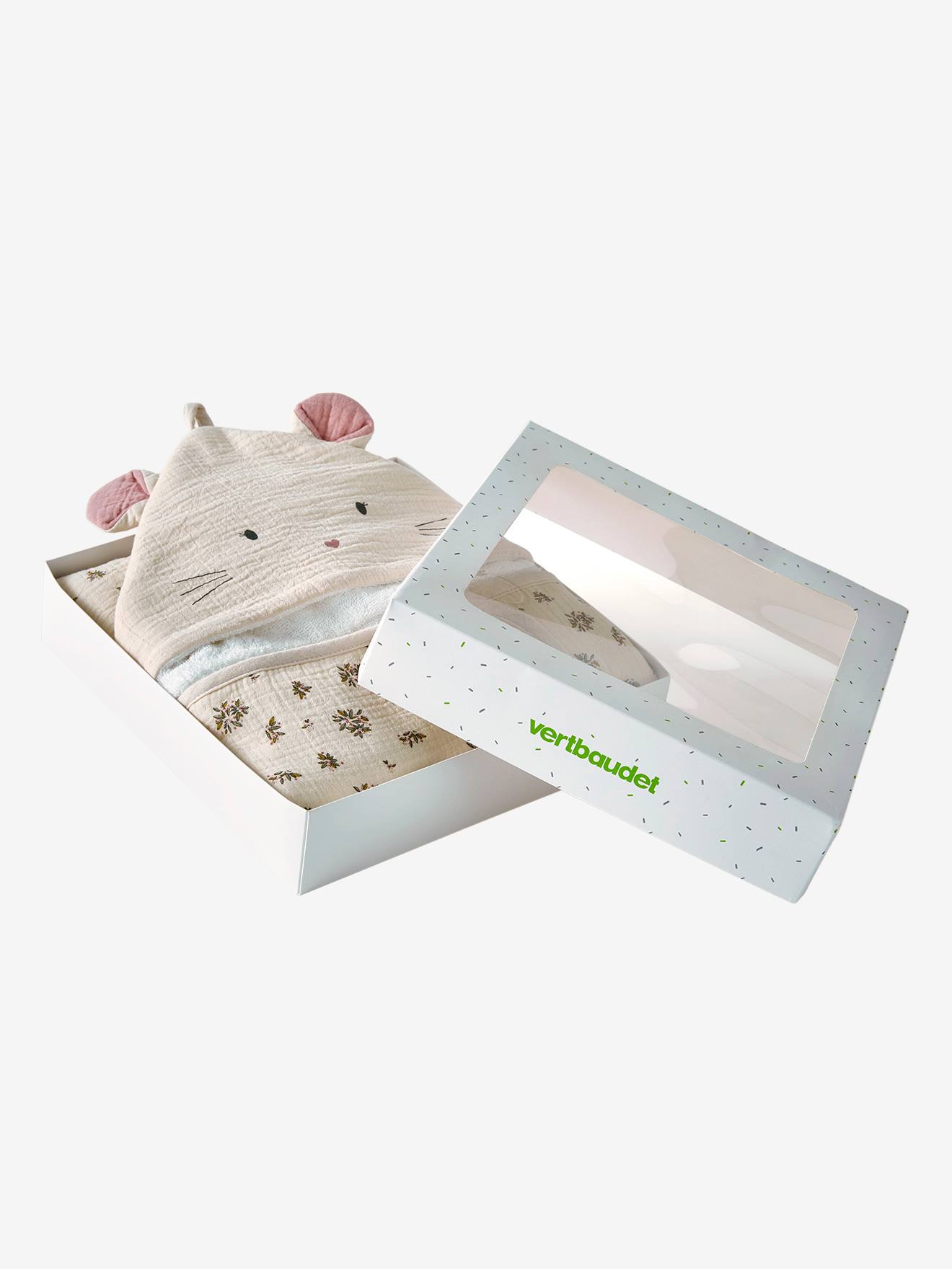 Vertbaudet Baby Kapuzenbadetuch LANDHAUS mit Geschenkverpackung - wollweiß/mehrfarbig