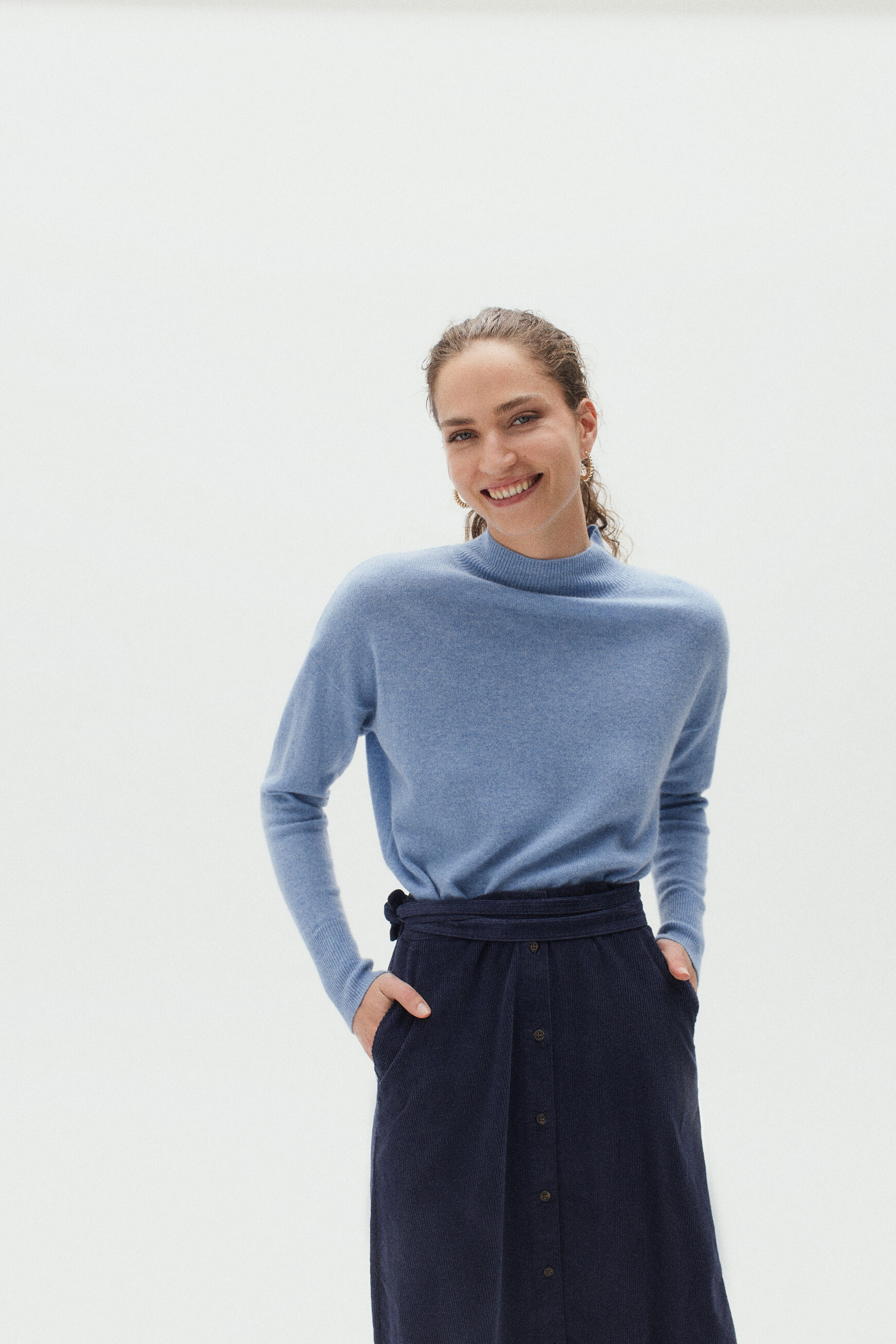 pull bibus 100% cachemire denim stone femme