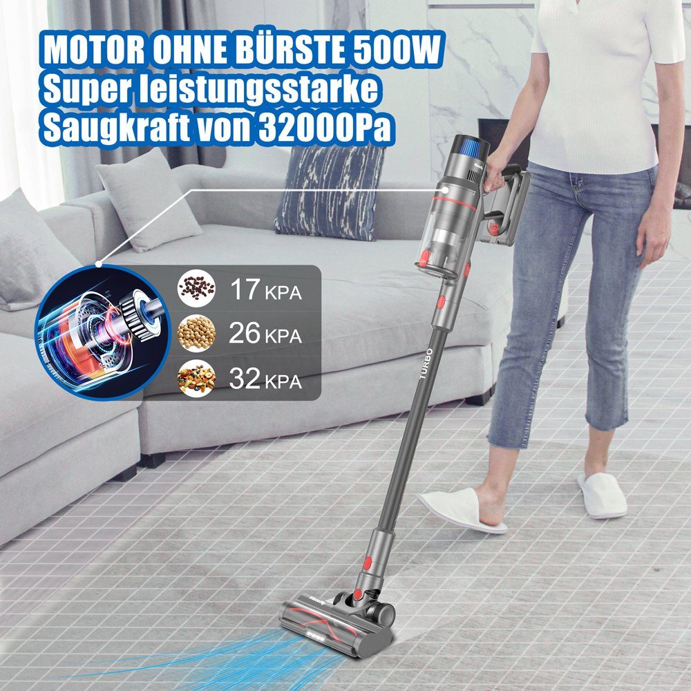 VISTEFLY Akku-Stielstaubsauger V15 Geeignet zur Reinigung von Tierhaaren, Teppichen und Hartböden, 500,00 W, beutellos, automatische Saugkraftregelung, 60 Minuten Laufzeit, 3 Saugmodi