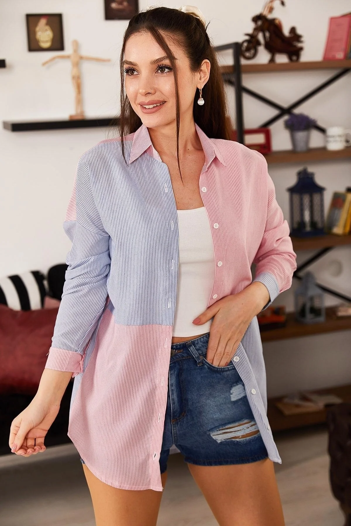 armonika  Blau gestreiftes zweifarbiges Langarm-Freizeithemd für Damen ARM-21K001193
