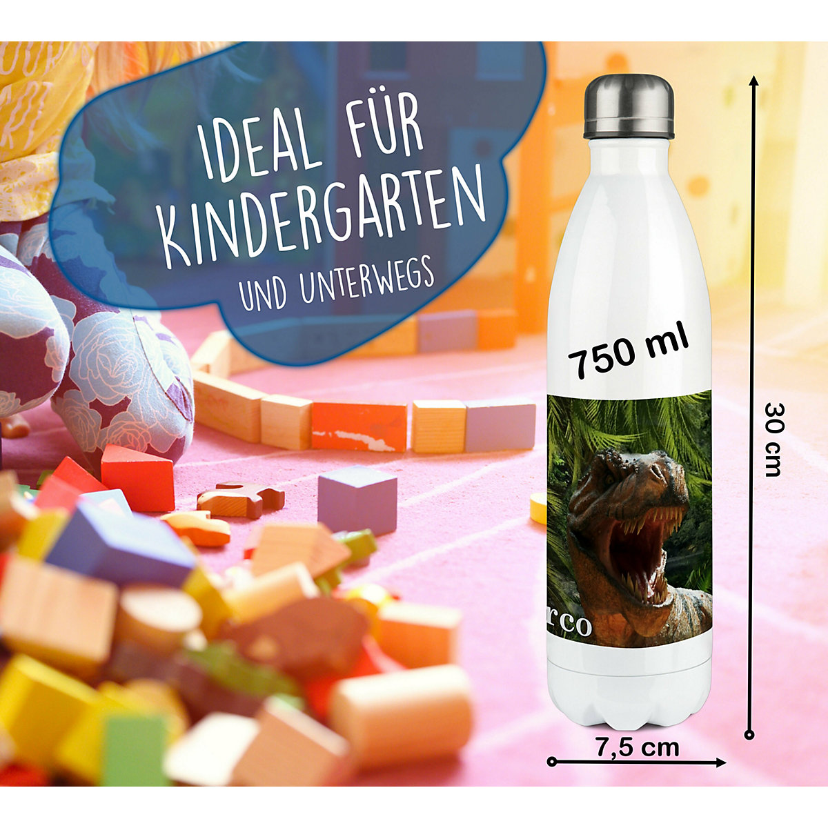 Edelstahl Kinder Thermoflasche / Trinkflasche bunt T-Rex Spülmaschinenfest, Auslaufsicher, Bruchfest, Doppelwandig, Für Heißgetränke geeignet, Mit Deckel, Isoliert