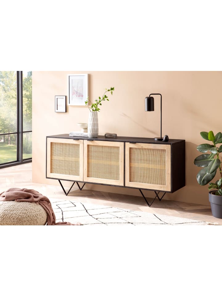 KADIMA DESIGN Sideboard 175x75x45cm Mango Massivholz/Rattan Kommode mit 3 Türen günstig kaufen onesize