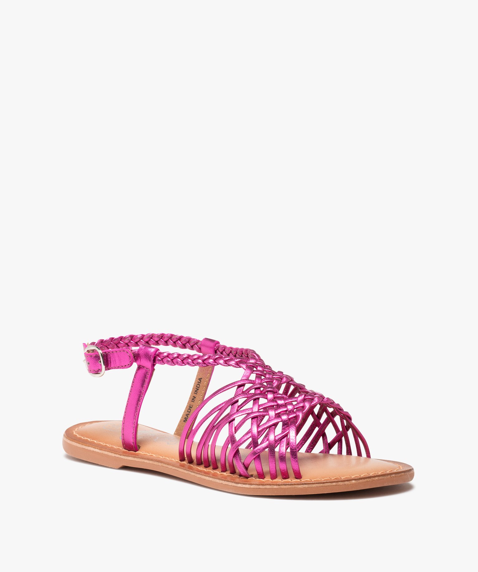 Sandales fille à fines brides tressées en cuir métallisé rose | GEMO