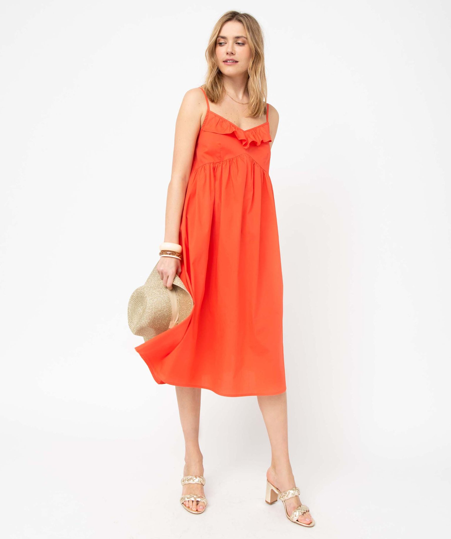 Robe femme à bretelles longueur midi orange | GEMO