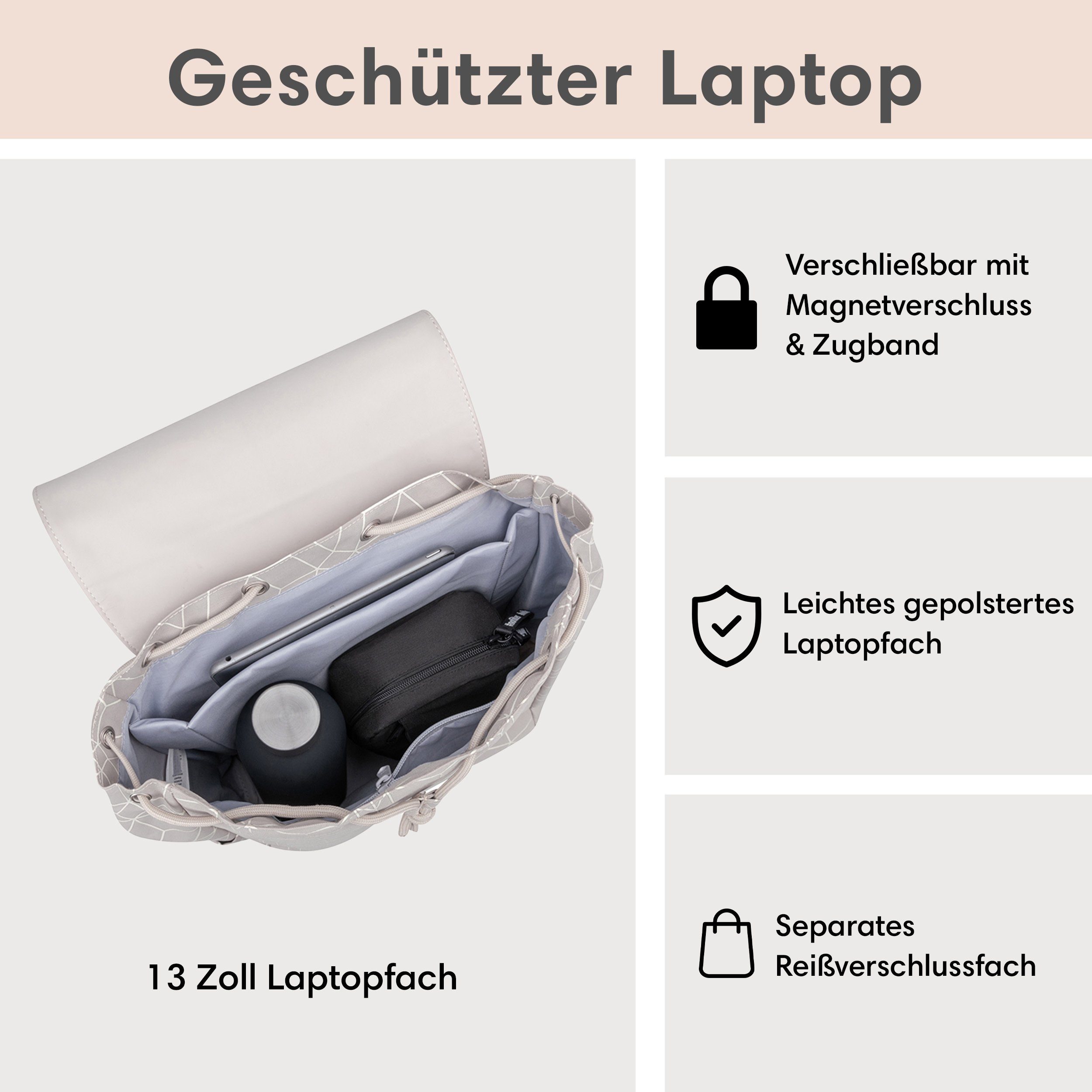 LARKSON Cityrucksack Ida Laptop Rucksack Damen Herren Klein Elegant, Anti Diebstahl Seitentasche, Laptopfach, Wasserabweisend
