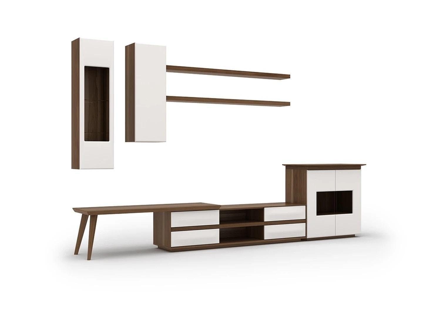 JVmoebel Wohnwand Wohnzimmer Komplett Set 7tlg TV-Ständer + Couchtisch Holzmöbel Vetrine, (7-St., 1xTV-Ständer + 1xCouchtisch + 2xWandschrank + 2xWandregale + 1xVitrine), Made in Europa