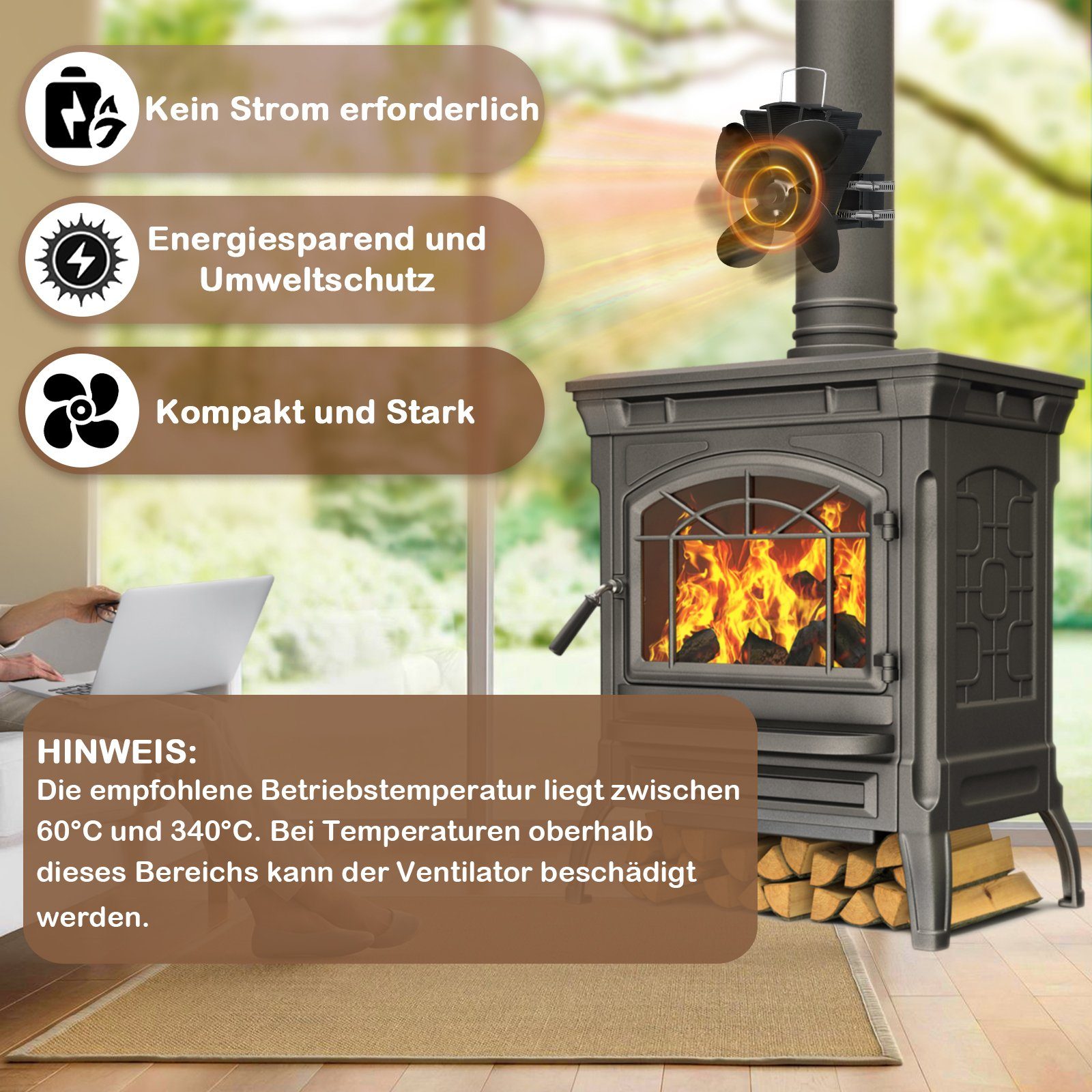 UISEBRT Kaminventilator mit 4 Blättern Ofenventilator ohne Strom Kaminlüfter