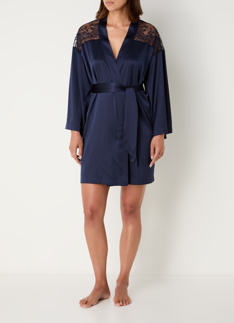 Kimono de mătase Aubade Midnight Whisper cu dantelă