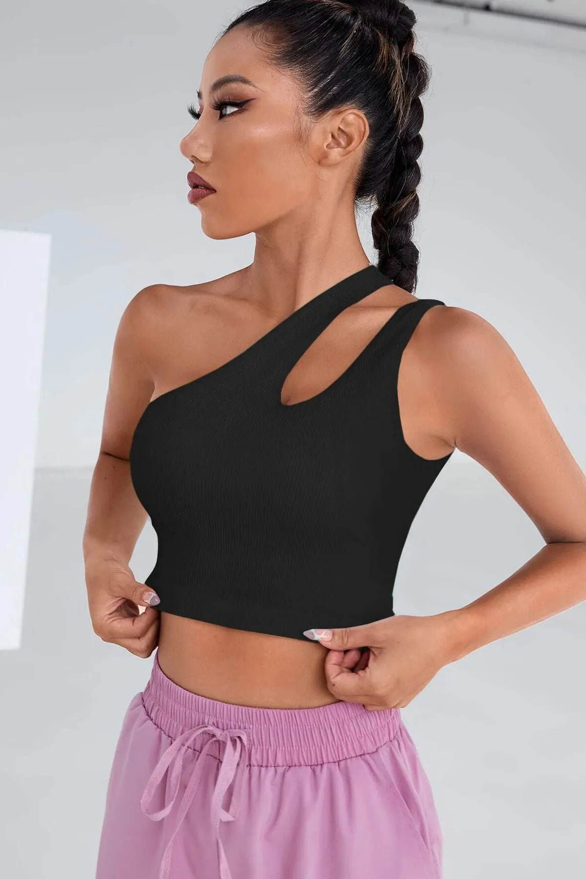 Imoda  Schwarze One-Shoulder-Ausschnitt-Crop-Top-Bluse für Damen