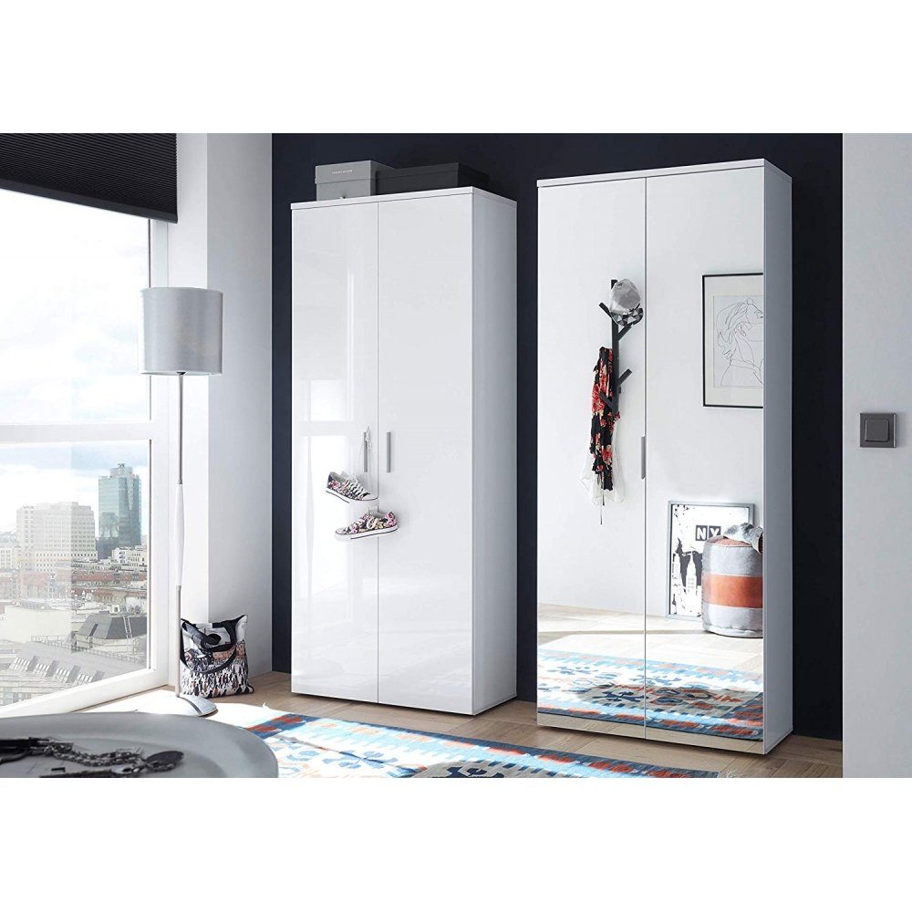 First LOOK Mehrzweckschrank LINCOLN Weiß / Weiß hochglanz Schuhschrank Stauraumschrank Garderobenschrank Spiegelschrank