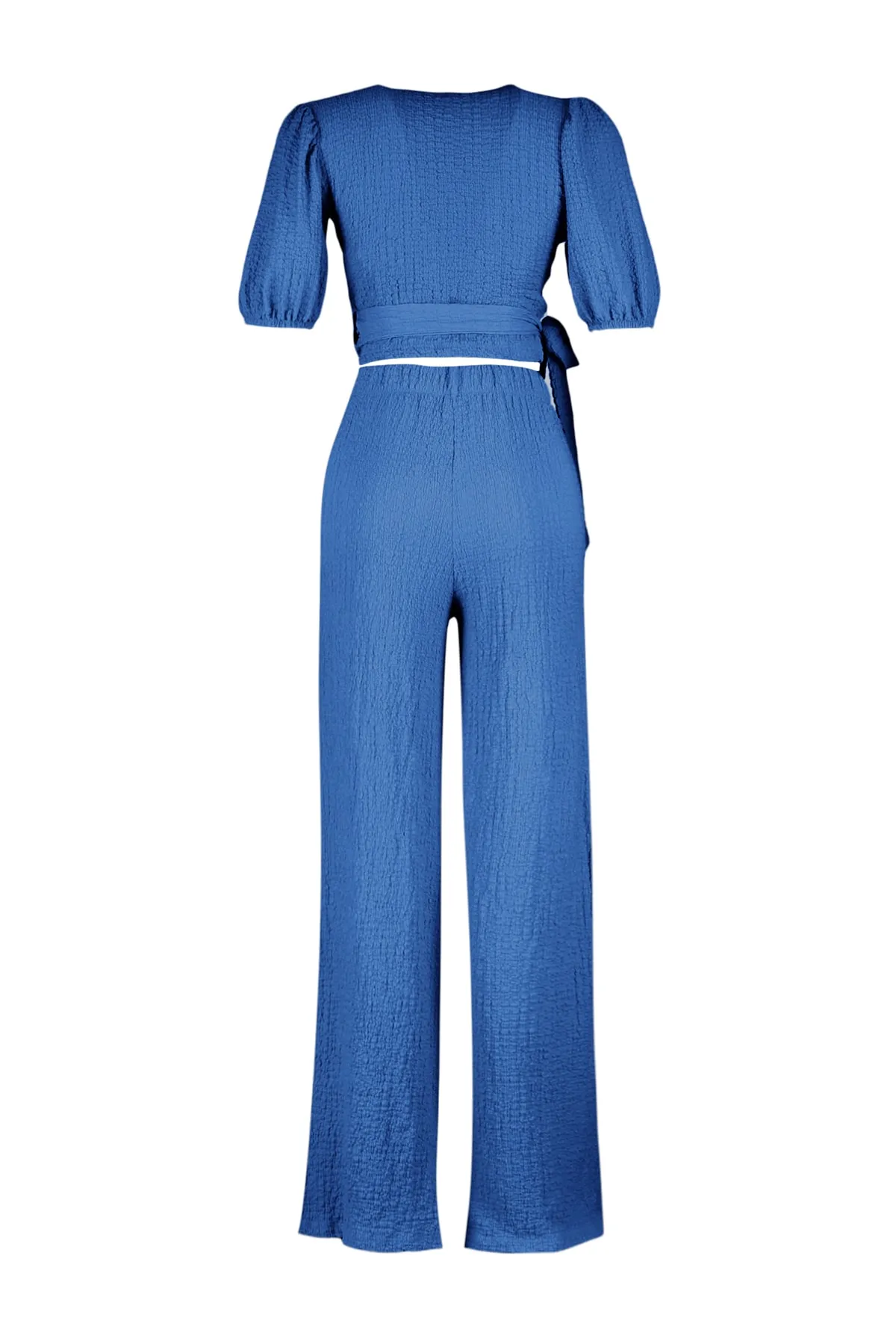Trendyol Collection  Indigoblaues Set aus Oberteil und Unterteil mit zweireihigem Kragen und Ballonärmeln aus strukturiertem Stoff TWOSS23AU00068