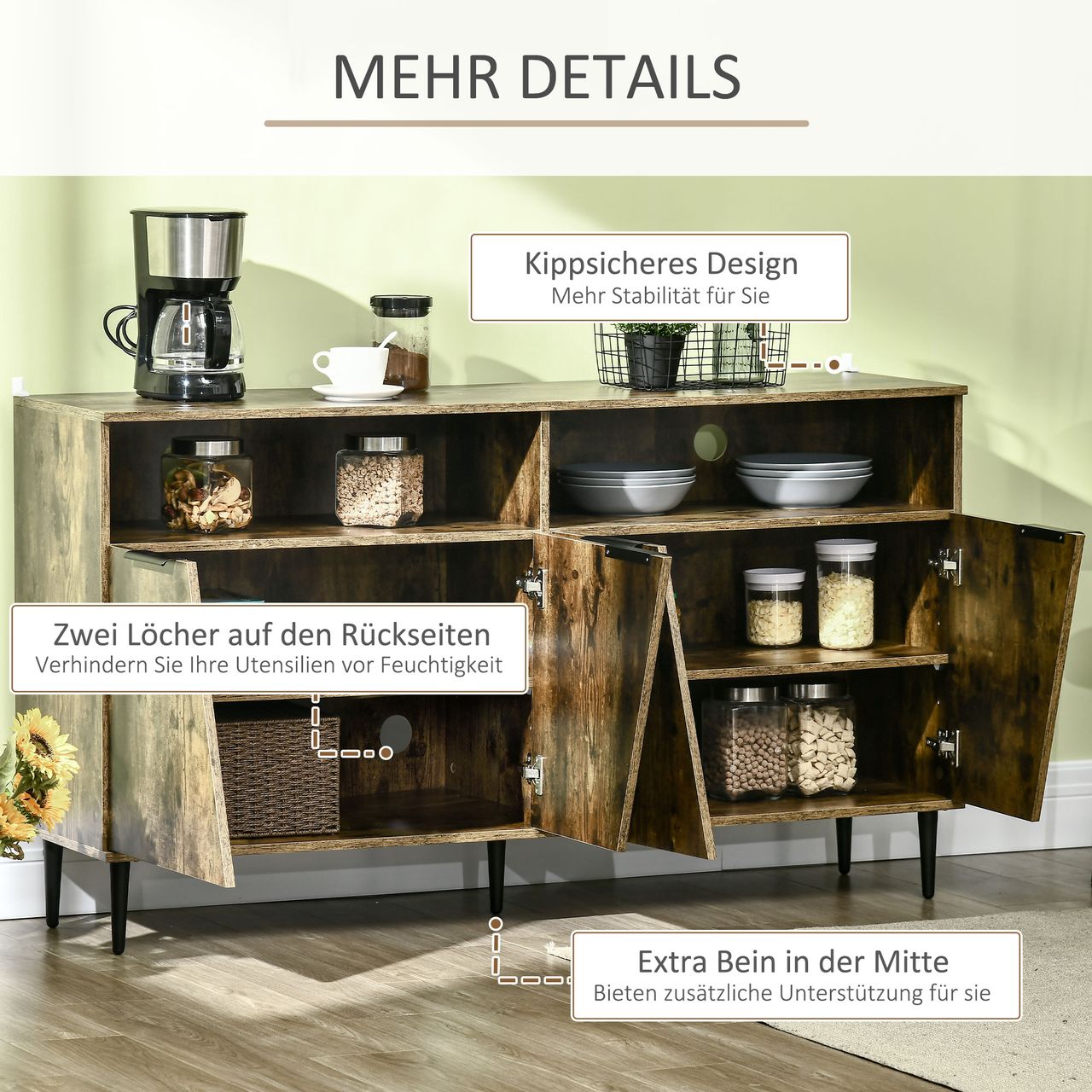 HOMCOM Küchenschrank Sideboard Aufbewahrungsschrank mit 2 Fächern und 2 Schränken Küchenmöbel Industrie-Design Spanplatte Rustikales Braun Schwarz 147 x 40 x 83 cm