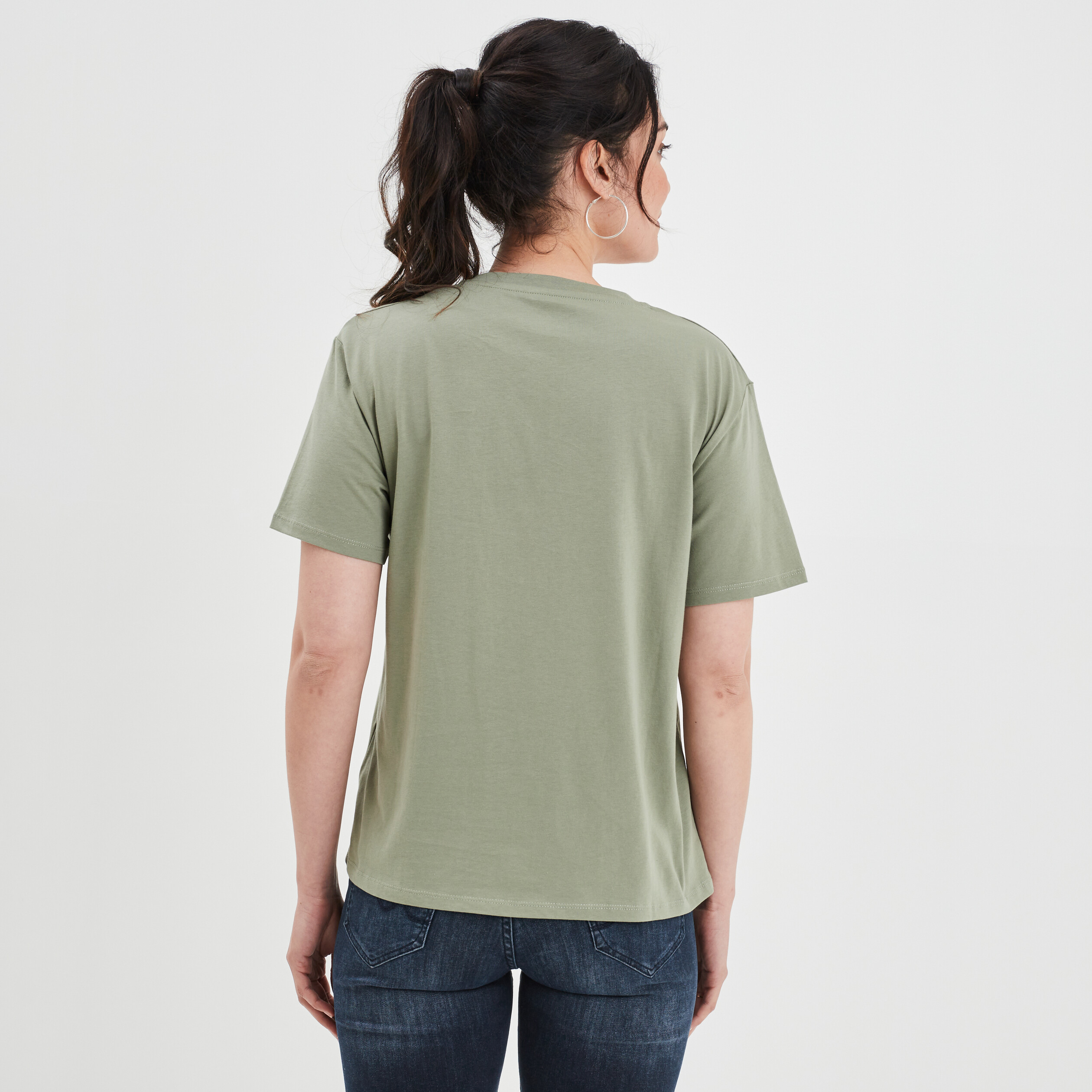 T-shirt droit col rond coton Mickey vert kaki femme | La Halle