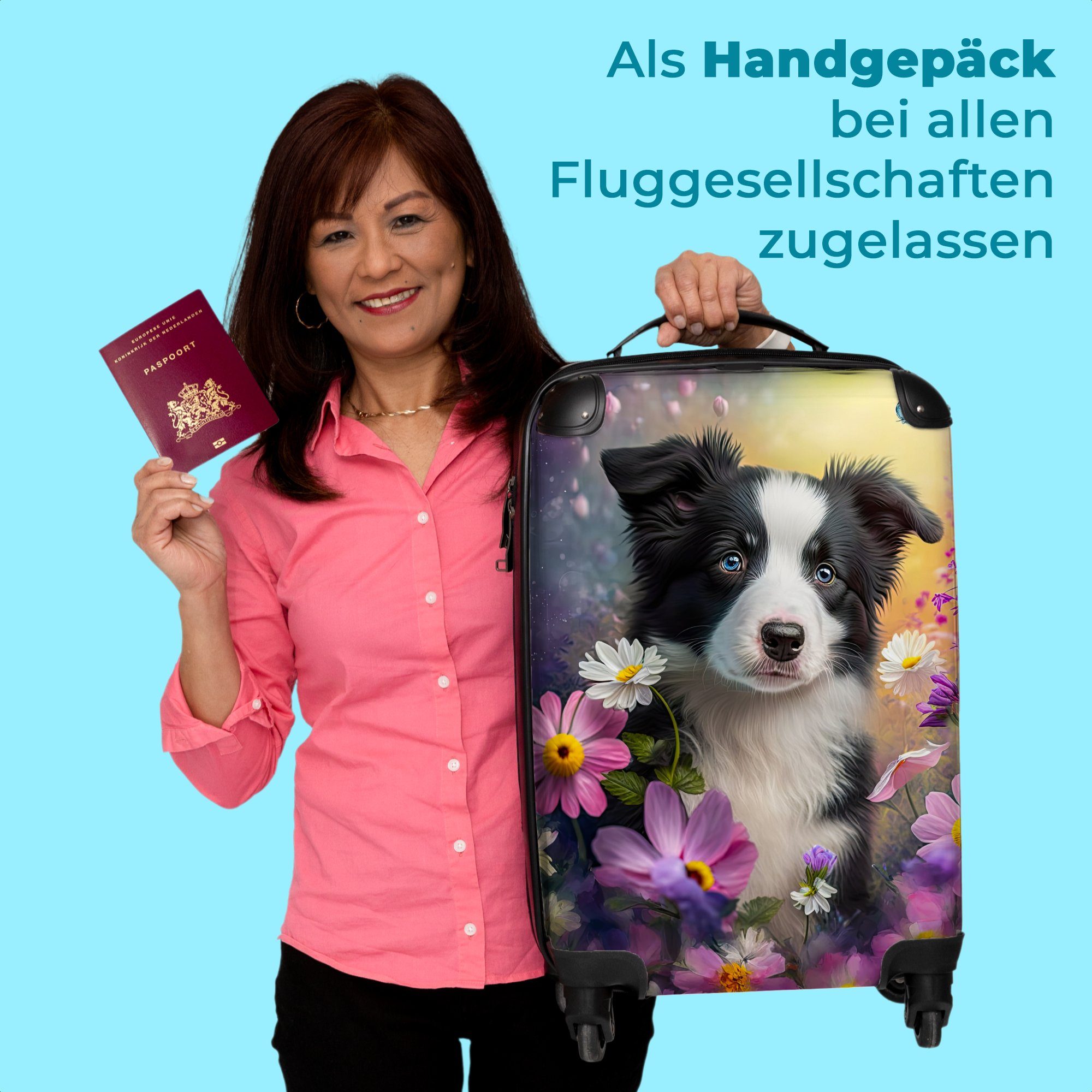 NoBoringSuitcases.com© Handgepäckkoffer 55x35x20cm Hund - Blumen - Natur - Welpe - Border Collie, 4 Rollen, Handgepäck Trolley Rollkoffer Kleine Reisekoffer mit 4 Rollen - Cabin