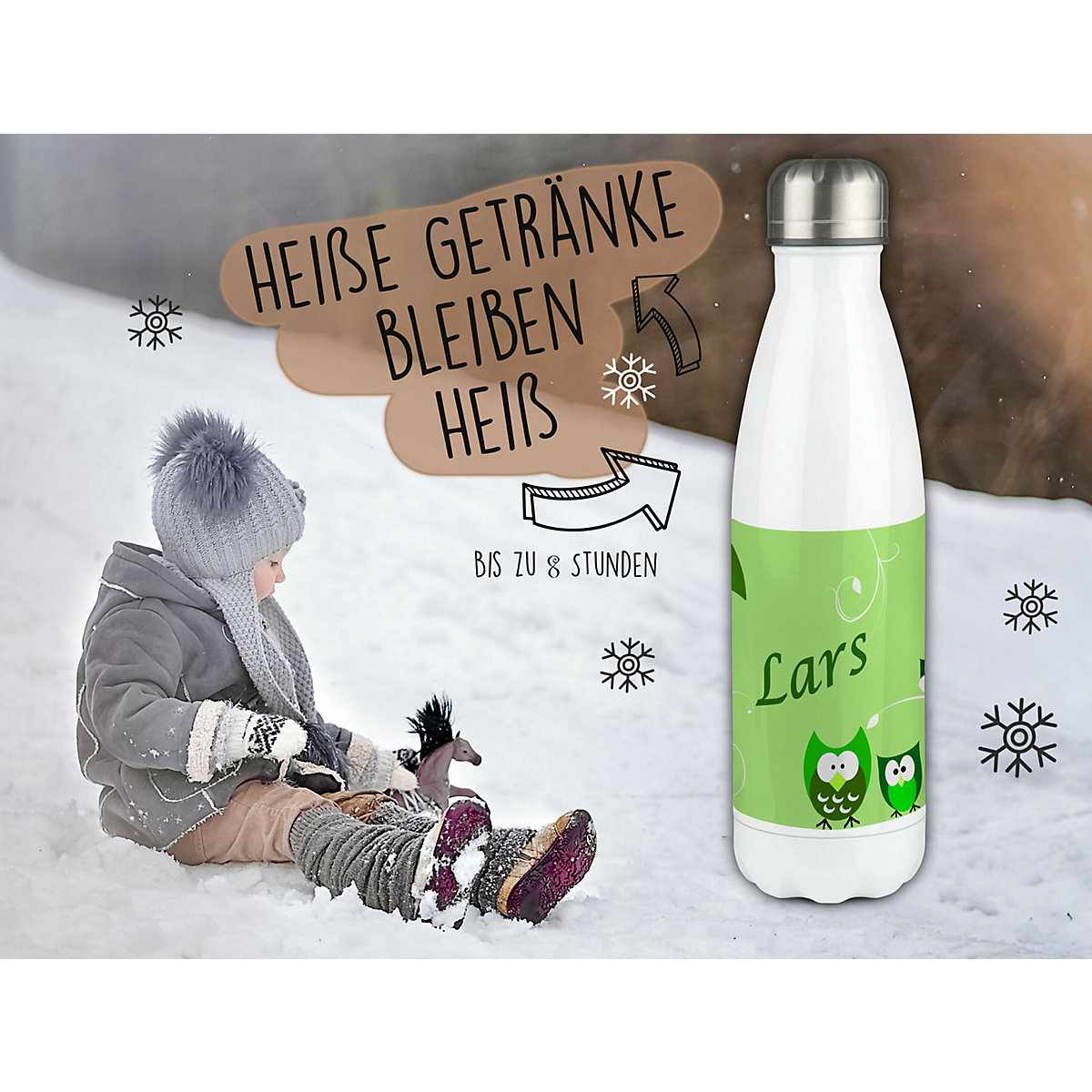 Edelstahl Kinder Thermoflasche / Trinkflasche bunt Eule Farbe grün Spülmaschinenfest, Auslaufsicher, Bruchfest, Doppelwandig, Für Heißgetränke geeignet, Mit Deckel, Isoliert