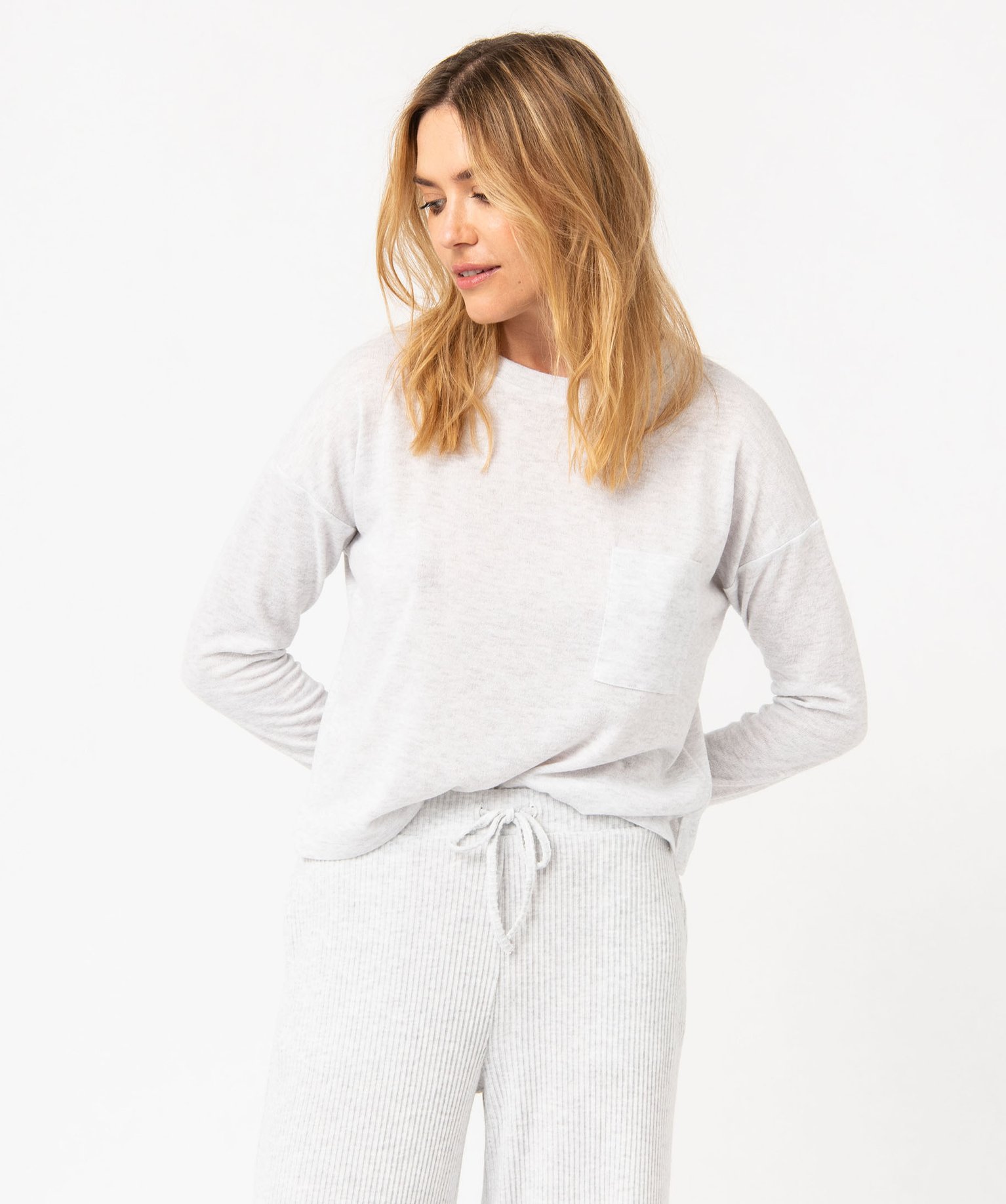 Haut de pyjama à manches longues en maille fine femme gris | GEMO