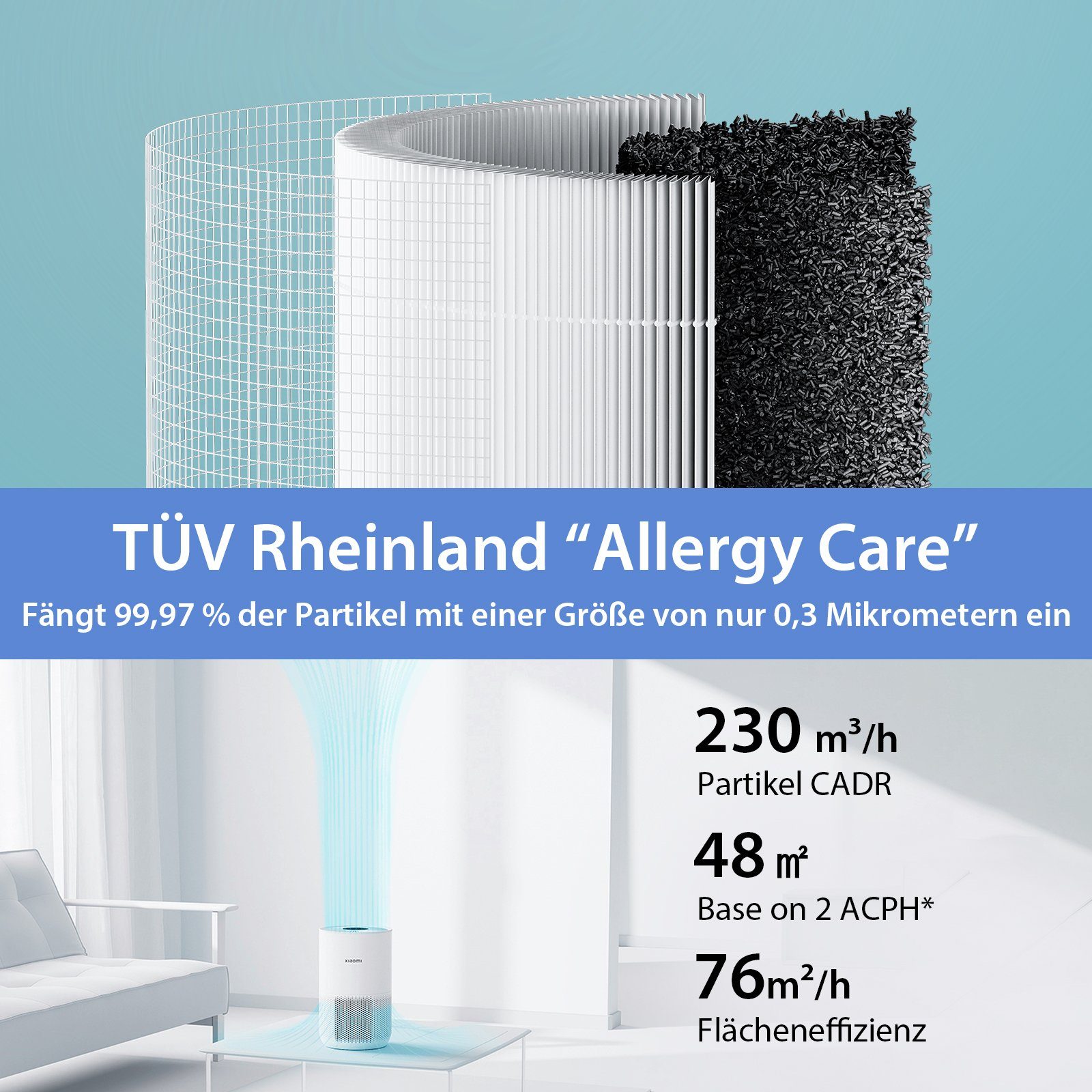 Xiaomi Luftreiniger Smart Air Purifier 4 Compact Luftreiniger, für 27 m² Räume, Removes up to 99.97% Pet Hair, Dust, Viruses & Aerosols