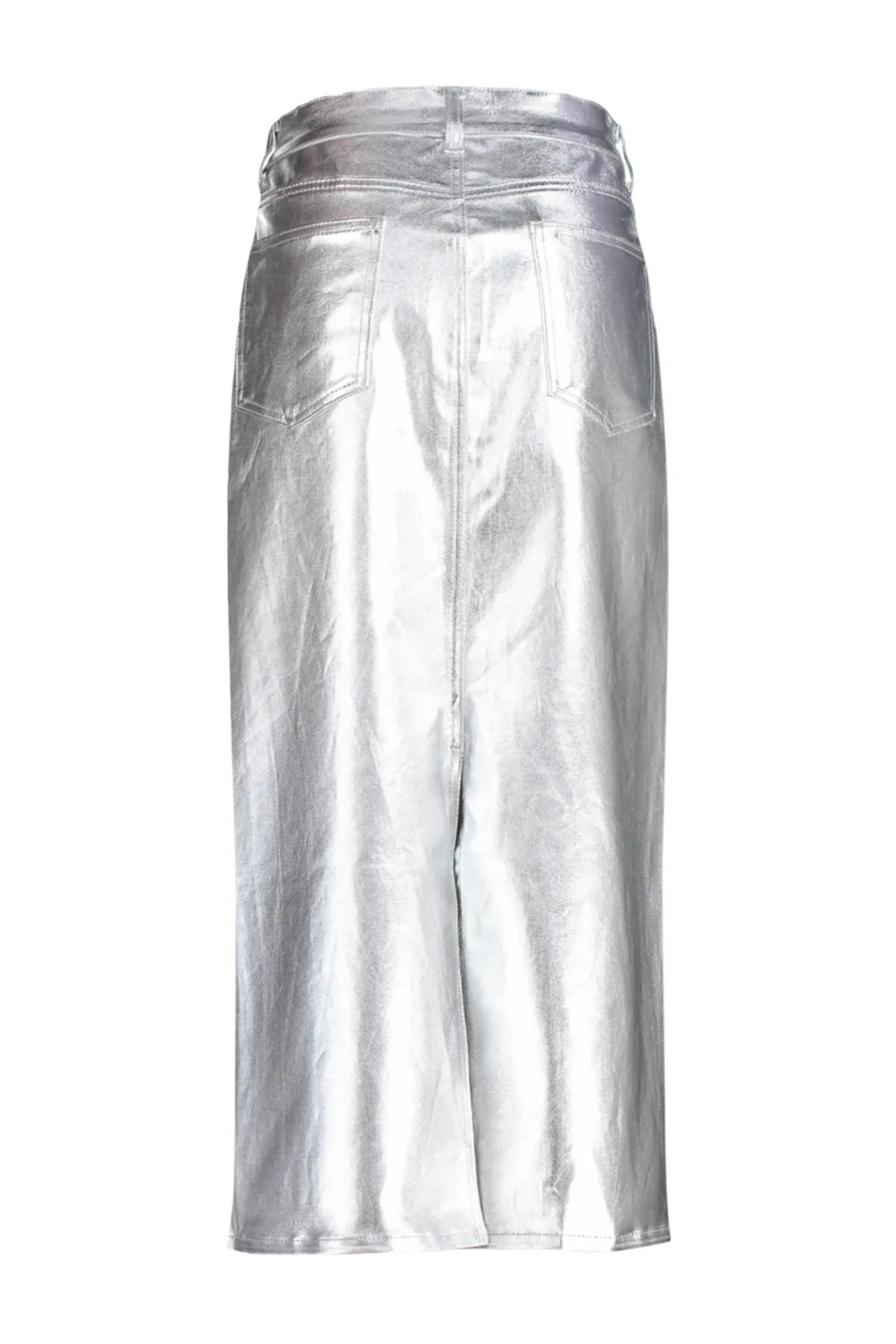 Trendyol Collection  Silberner Maxi-Jeansrock mit Schlitz und glänzendem Metallic-Print TWOAW24ET00134