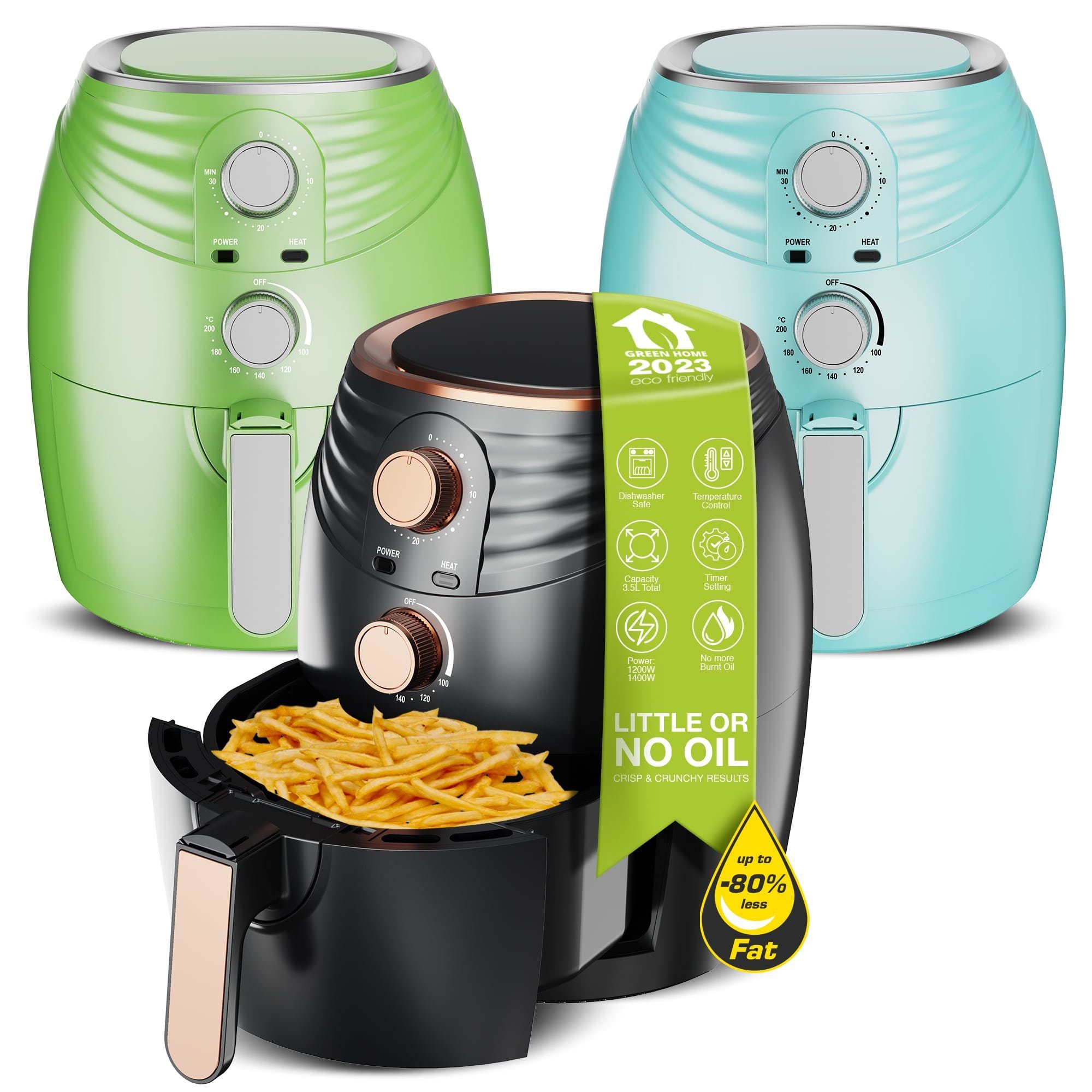 TurboTronic by Z-Line Heißluftfritteuse 3,5 Liter, stufenlose Fritteuse Fettfrei ohne Öl, 50°C - 200°C Power, 1200 W, Camping Retro Airfryer AF11M
