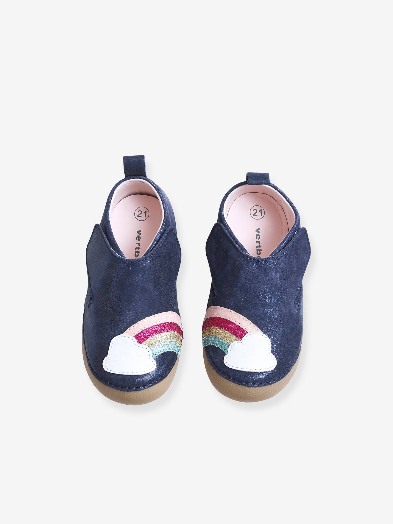 Chaussons bébé fille en cuir souple bleu marine