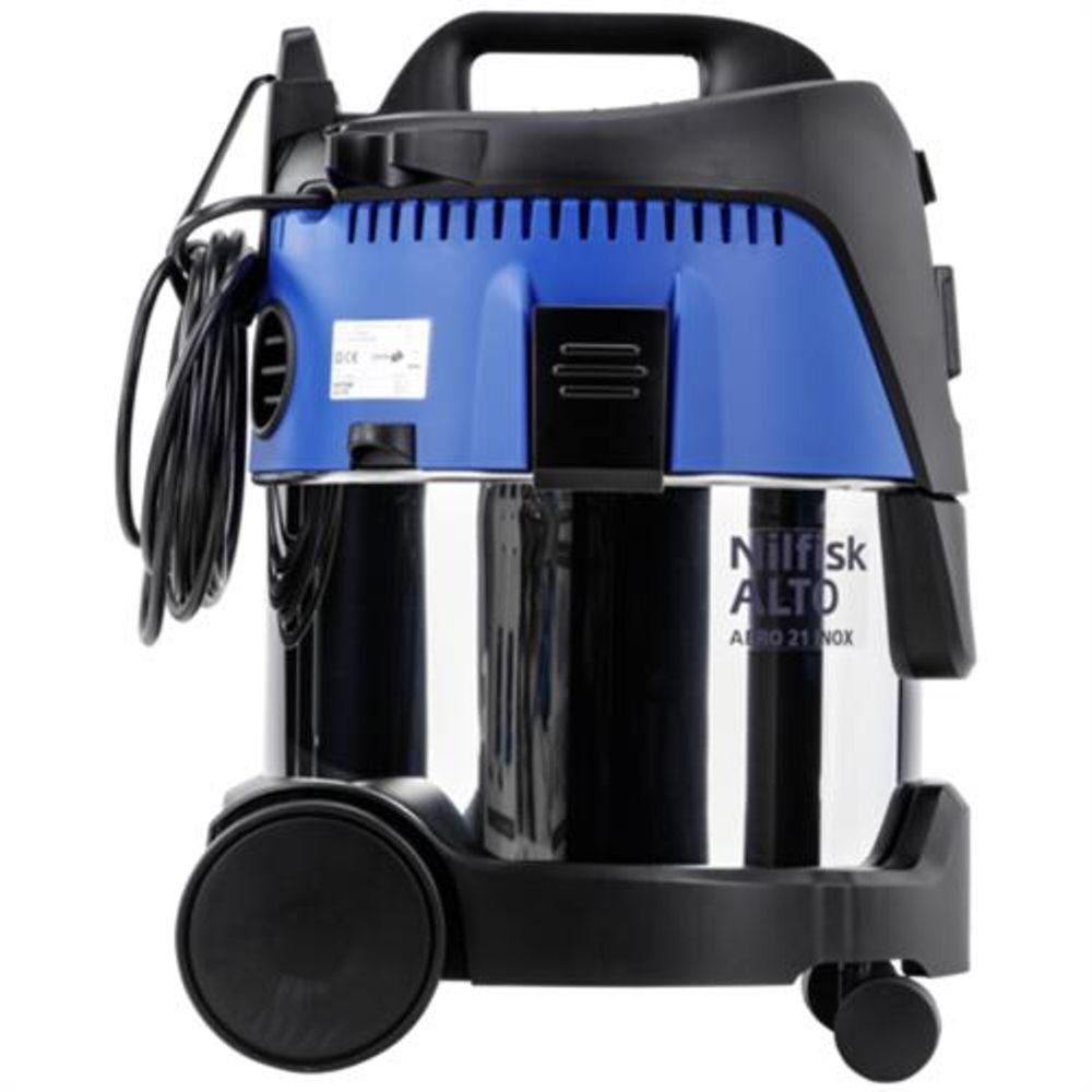 Nilfisk Nass-Trocken-Sauger AERO 21-21 PC INOX / 107406603, Nass-/Trockensauger, 1250 W, Push&Clean, Filterelement auswaschbar, Blasfunktion, 2,5m Saugschlauch, Werkzeugadapter mit Saugkraftregulierung, Gerätesteckdose mit Einschaltautomatik, Werksta