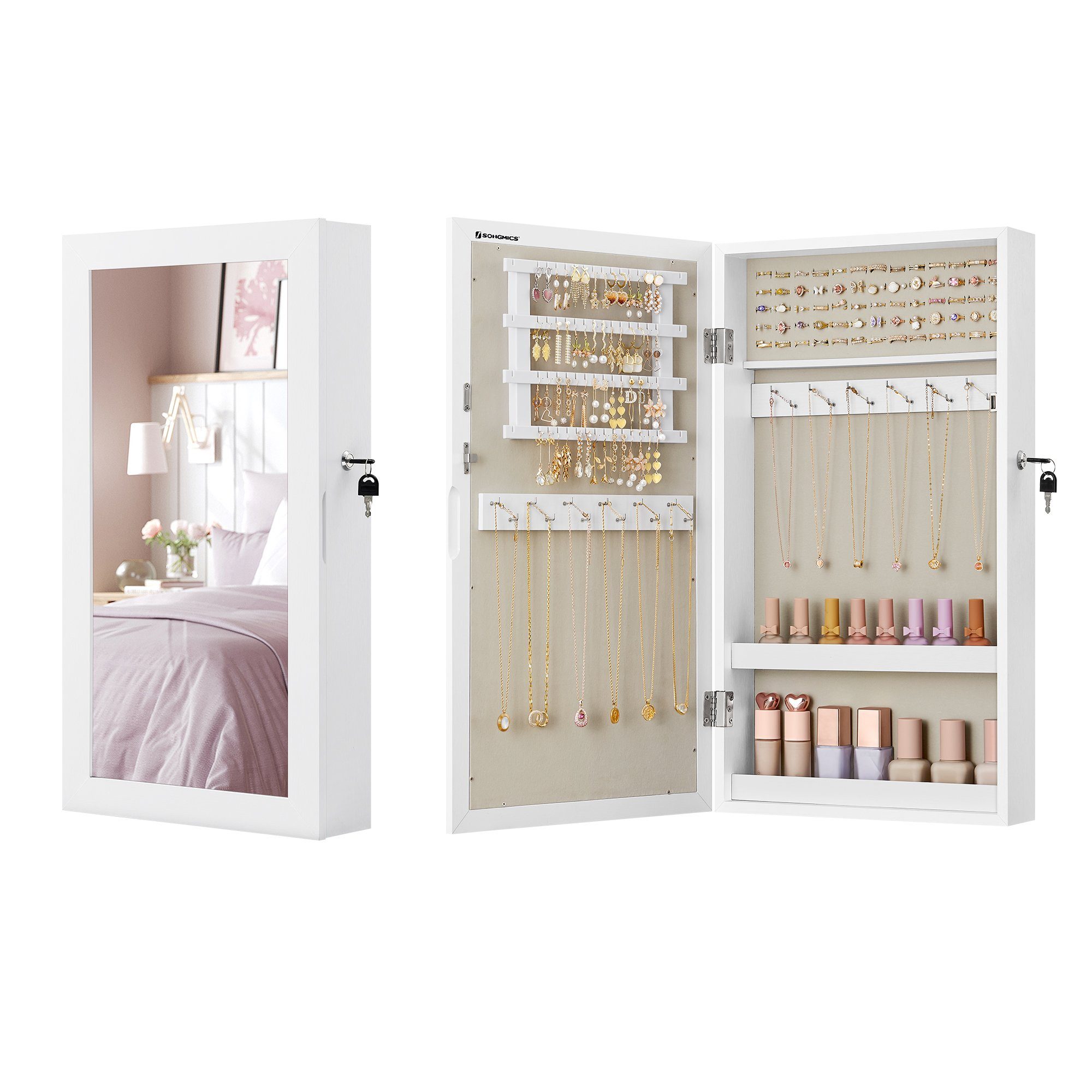 SONGMICS Schmuckschrank Spiegelschrank abschließbarer Wandschrank, weiß
