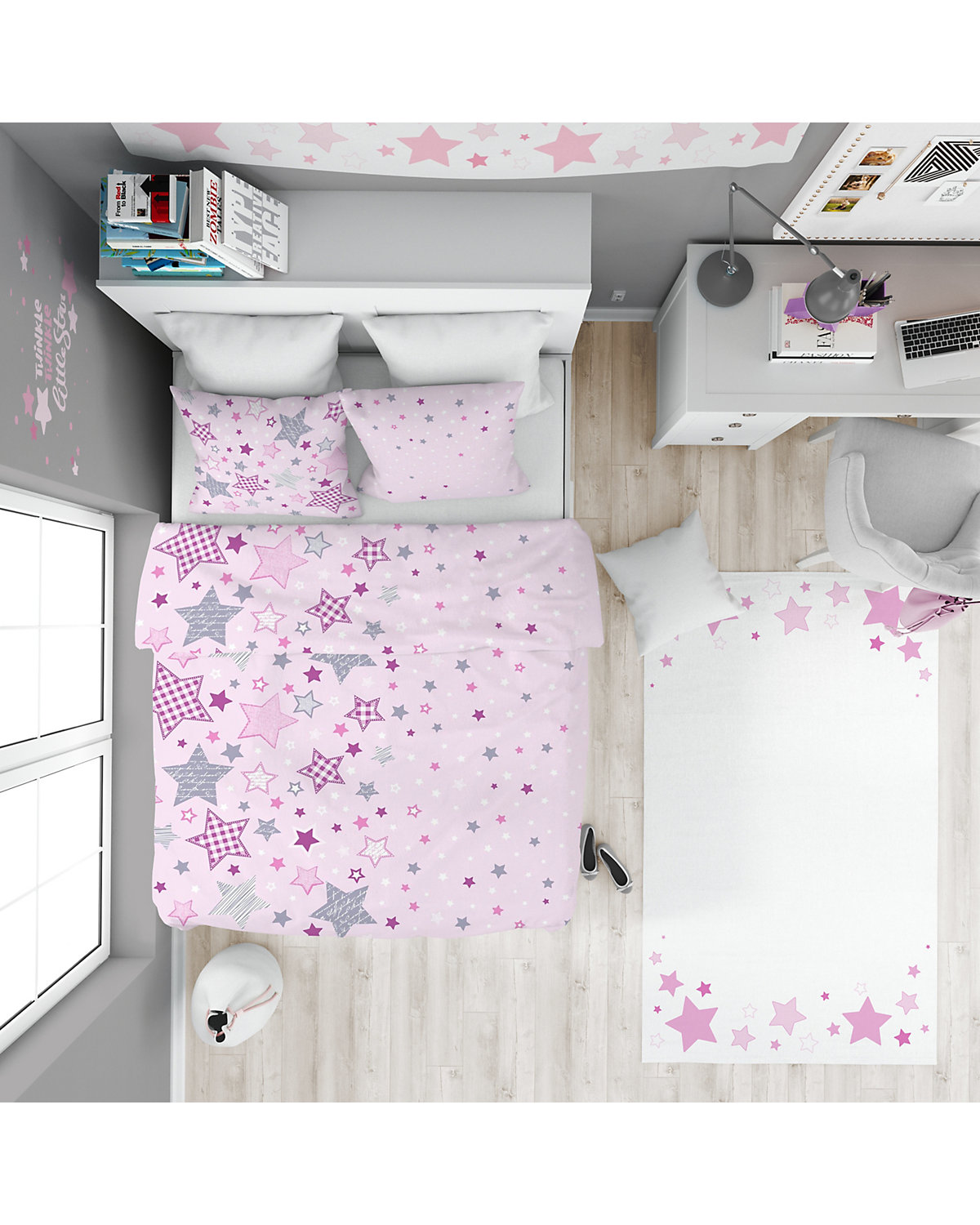 Kinder-Bettwäsche Mädchen Sterne, Biber, rosa 135 x 200 cm + 80 x 80 cm